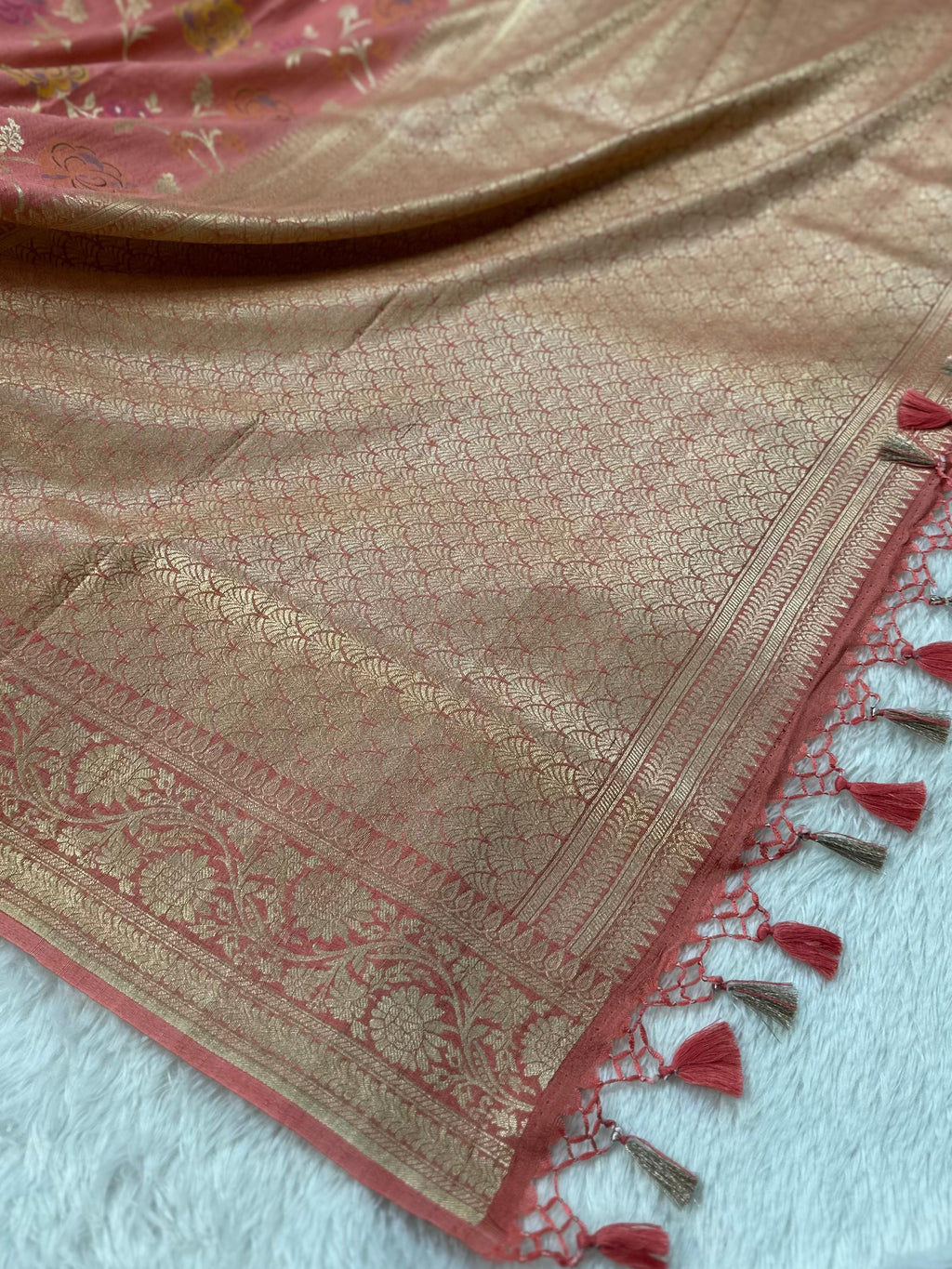 Peach Handwoven Desi Tussar Georgette Banarasi Saree