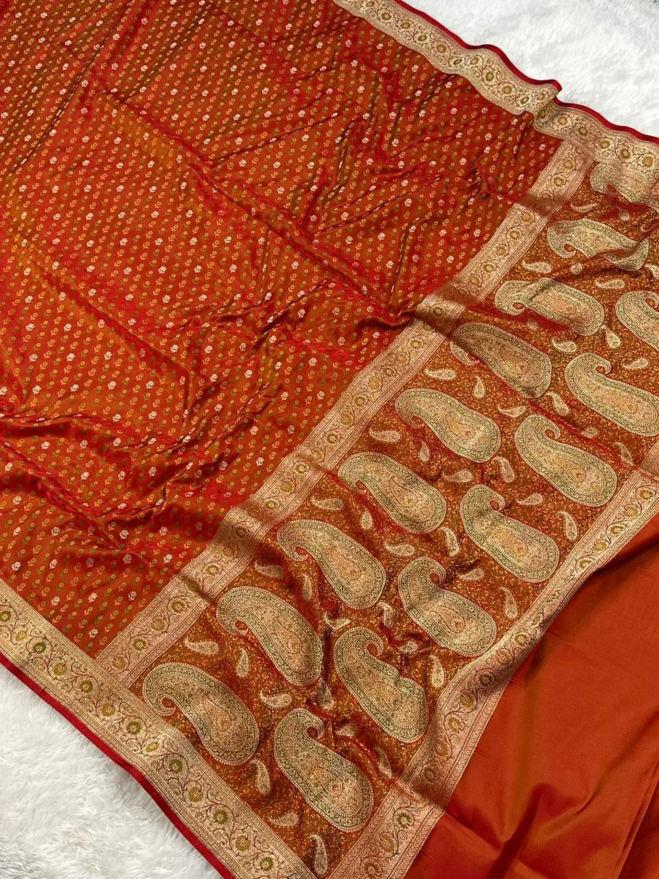 Jamawar Meenedar Buti Satin Katan Silk Banarasi Saree