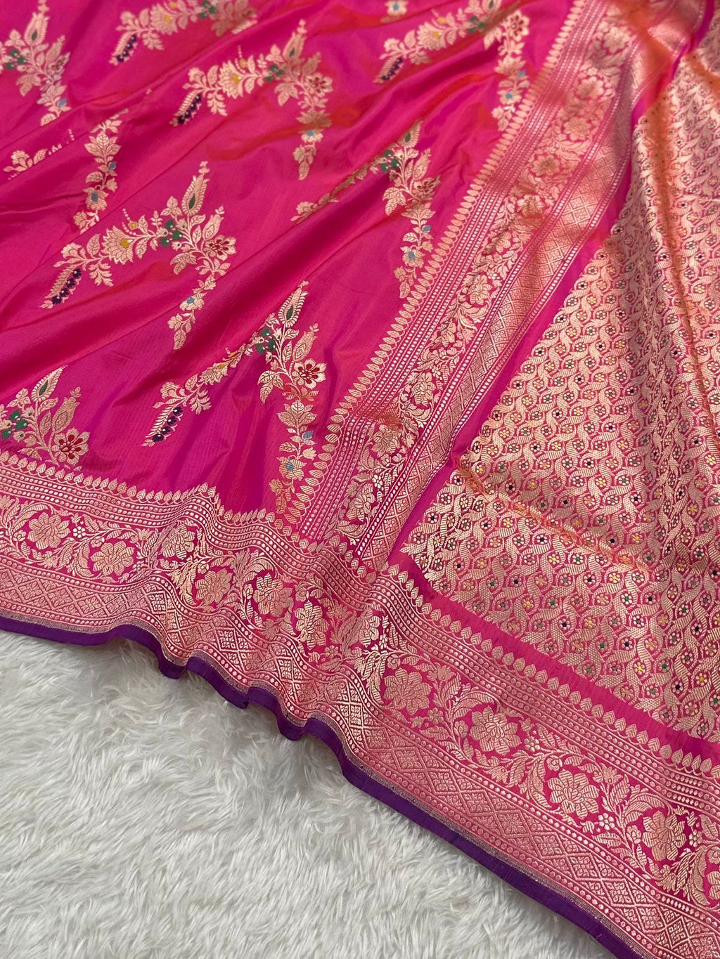 Rani Pink Pure Katan Silk Kadua Weave Banarasi Saree with Menakari Jaal Pattern