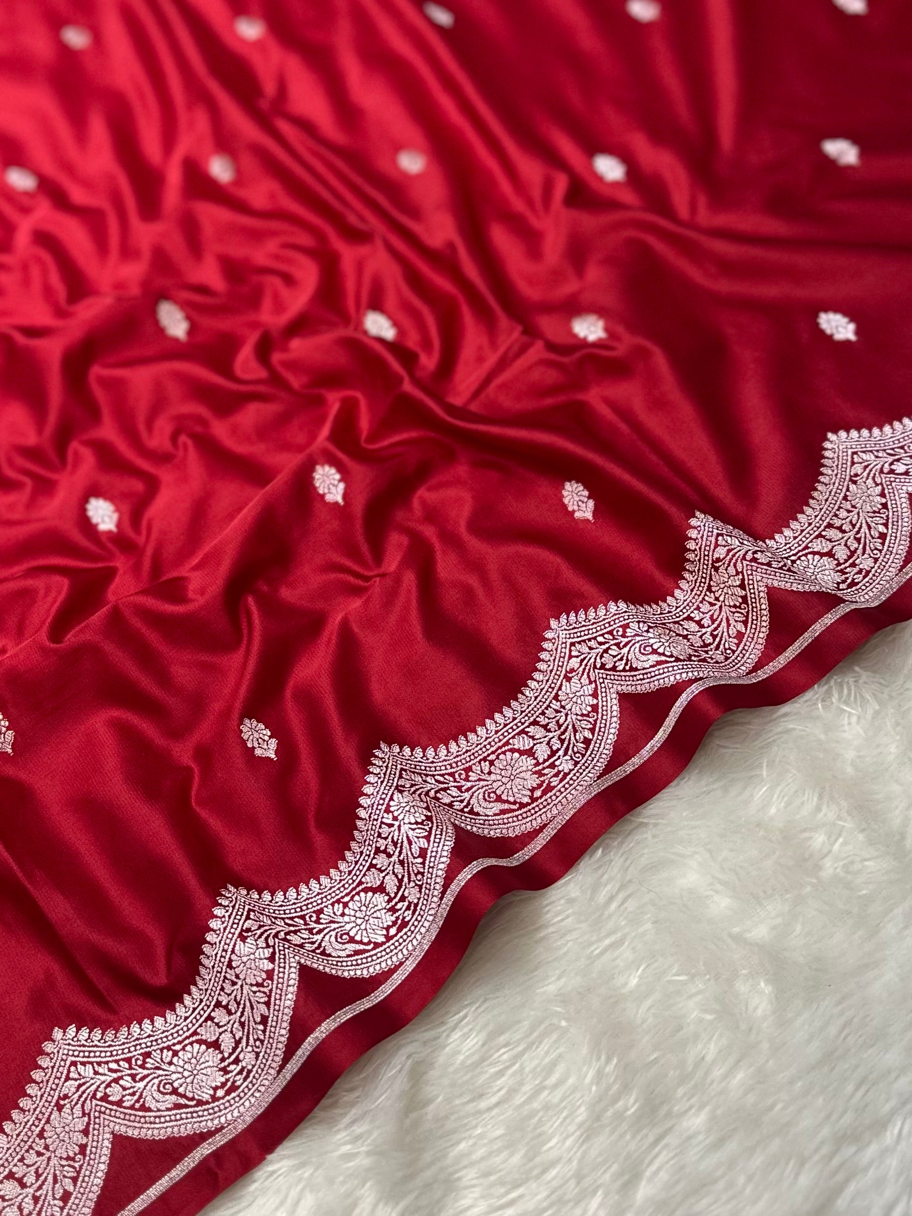 Bridal Red Mashru SilkBanarasi Saree in Buta pattern