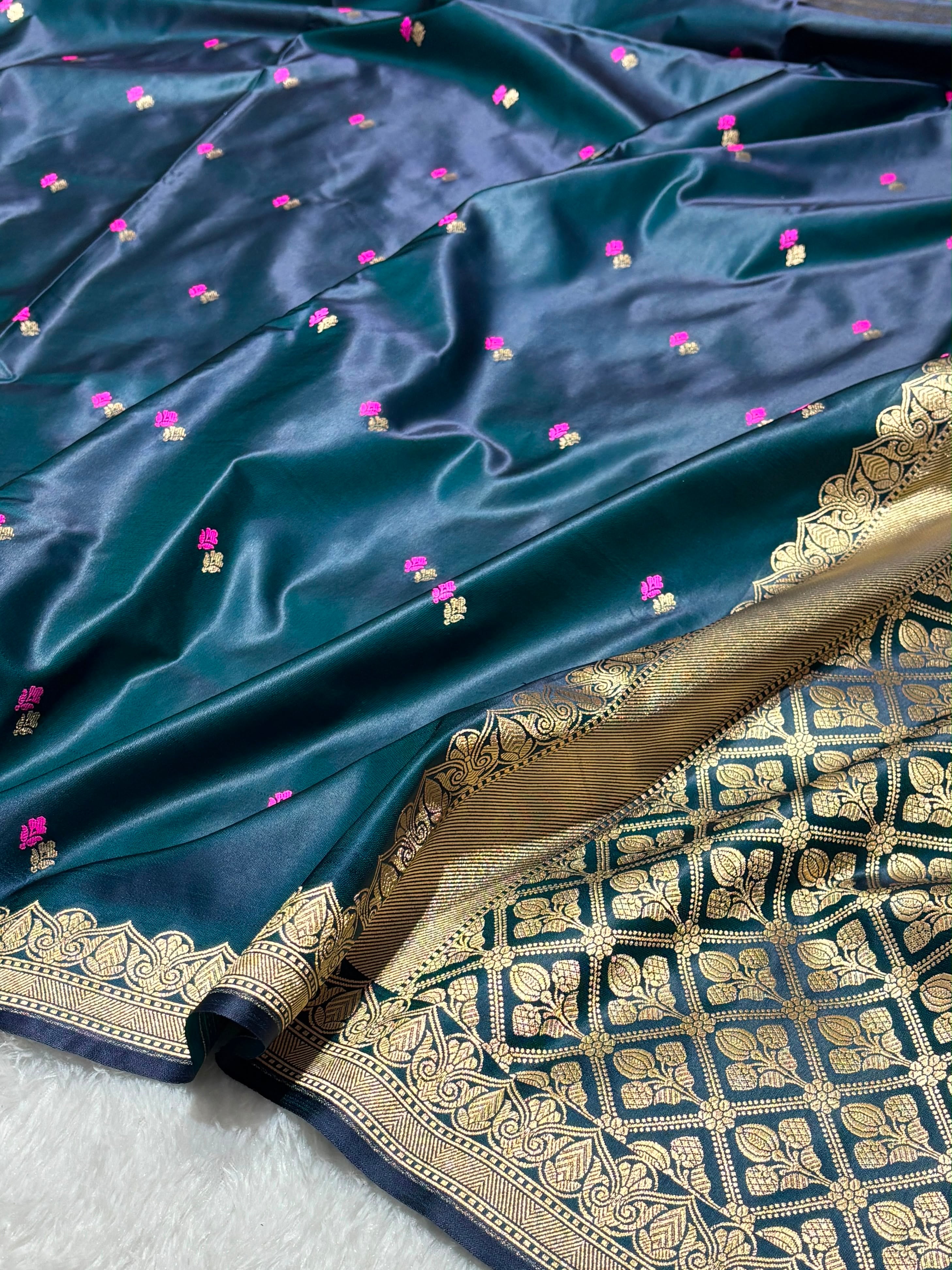Dot Buta Dark Teal Blue Mashru Silk Banarasi Saree in