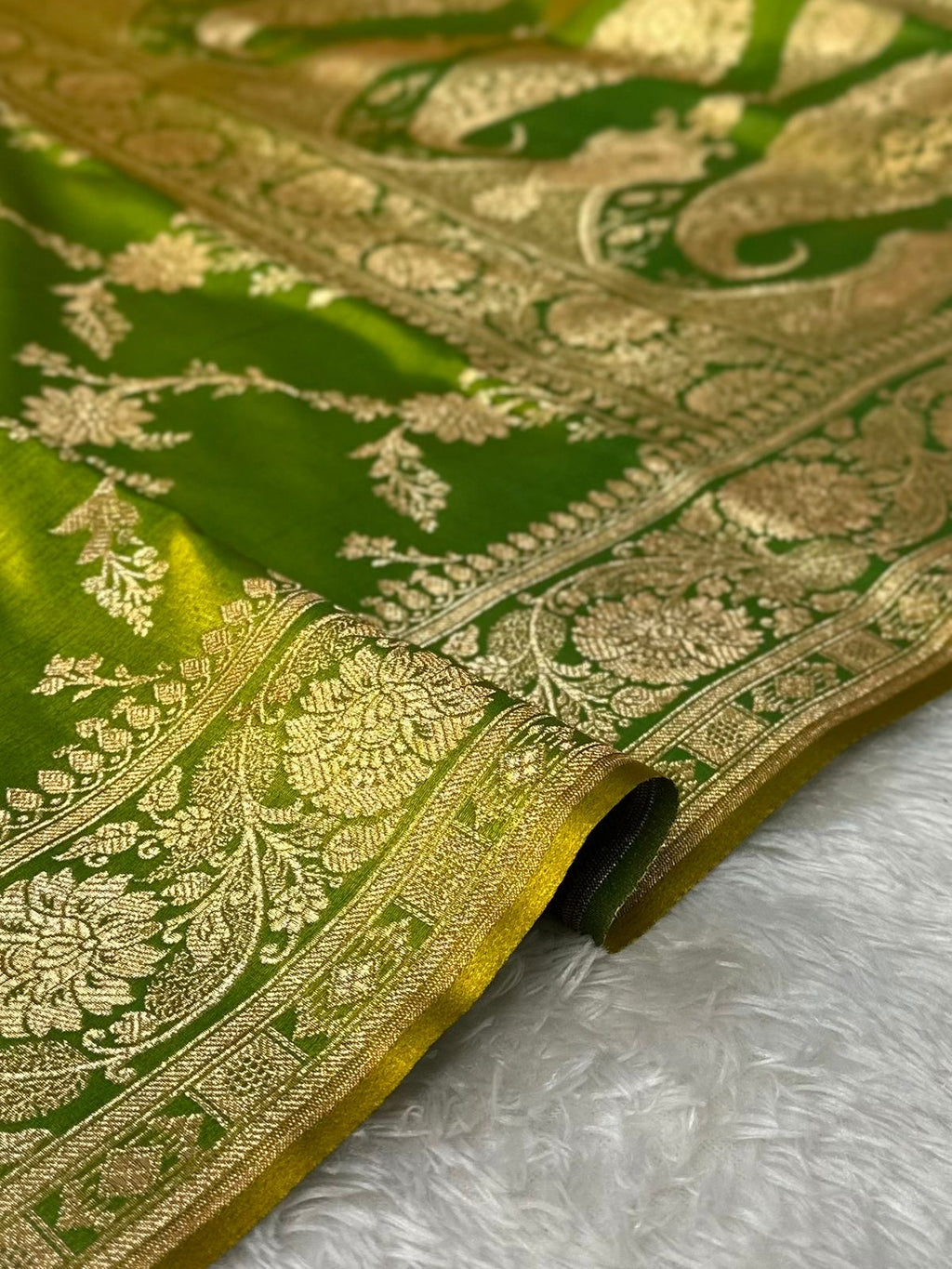 Lemon Green Satin Silk Banarasi Saree