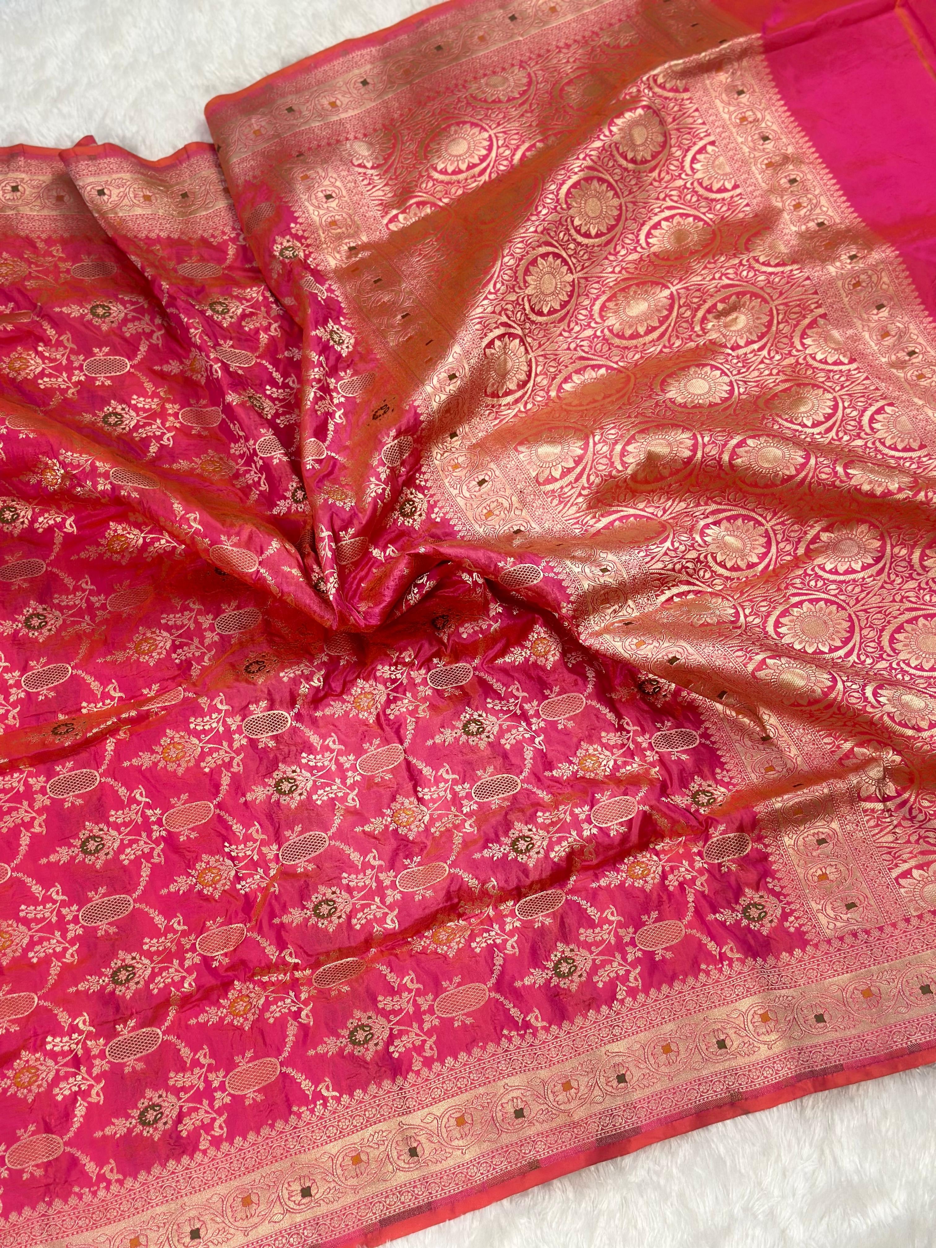 Dual Pink Pure Banarasi Silk Saree – Meenakari Jaal | Authentic Banaras