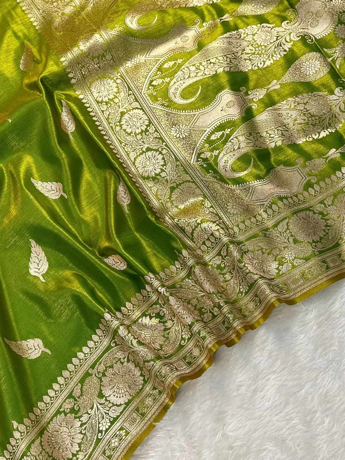 Lime Green Booti Satin Silk Saree