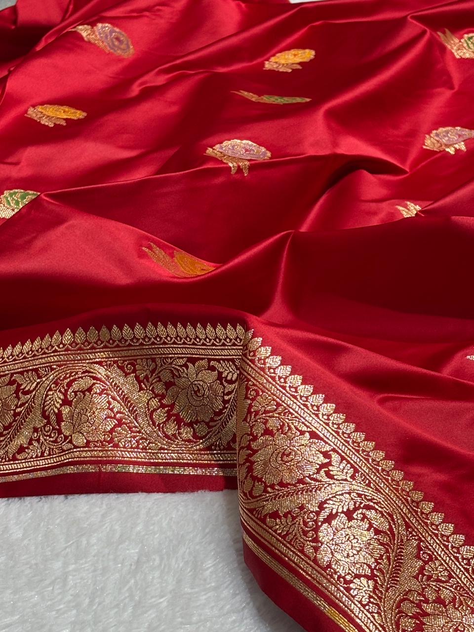 Bridal Red Meena Buta Mashru Silk Banarasi Saree