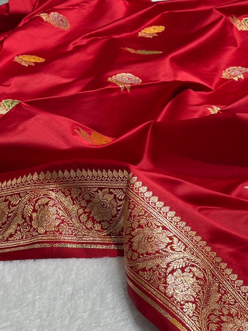 Bridal Red Meena Buta Mashru Silk Banarasi Saree