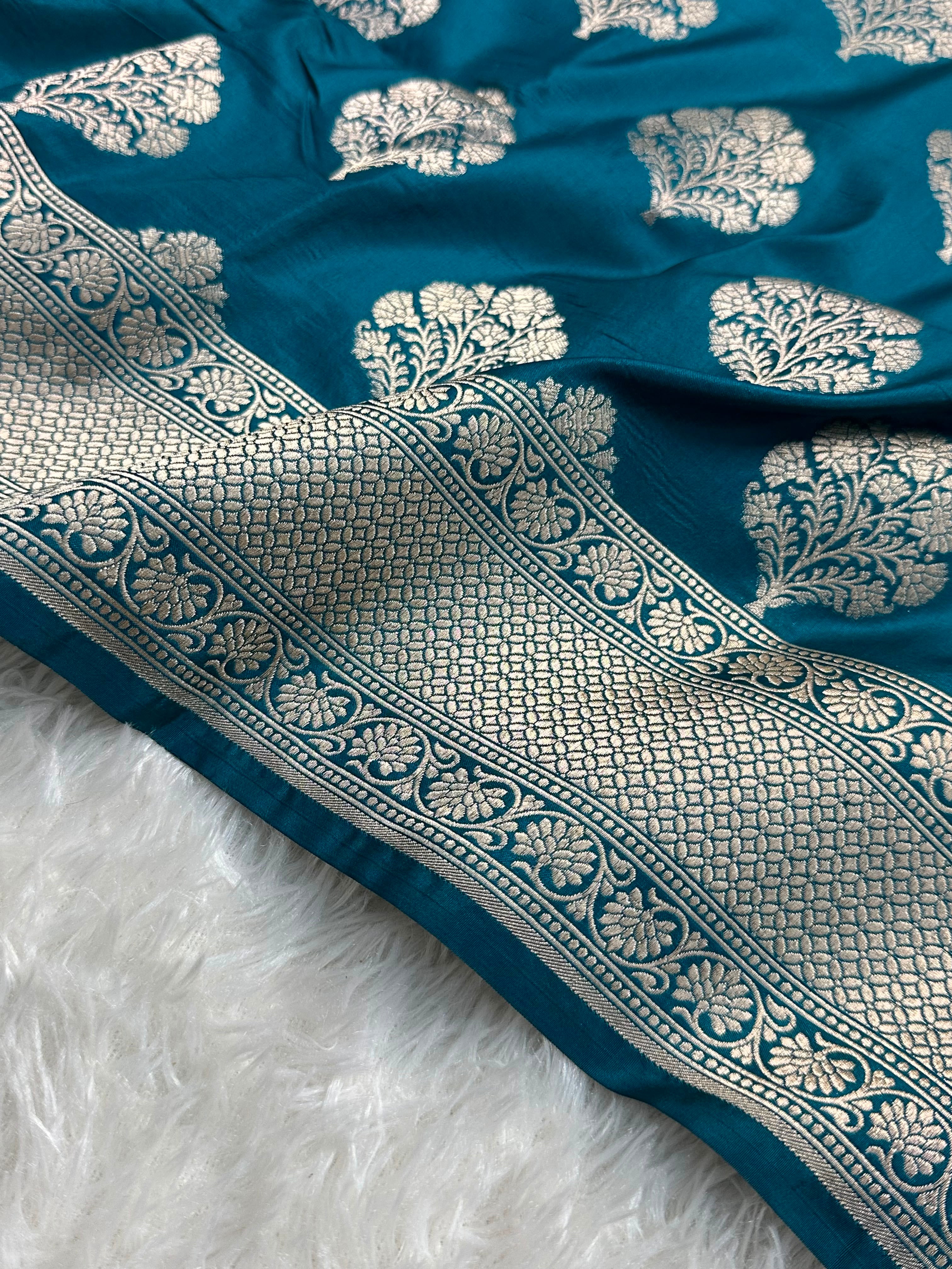 Teal Blue Pure Katan Silk Buti Banarasi Saree