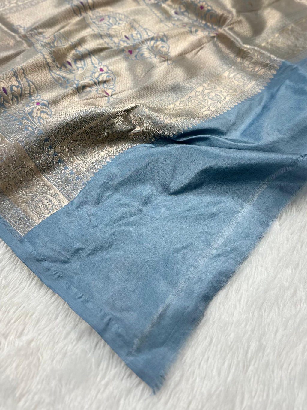 Powder Blue Pure Banarasi Silk Saree – Meenakari Jaal | Authentic Banaras
