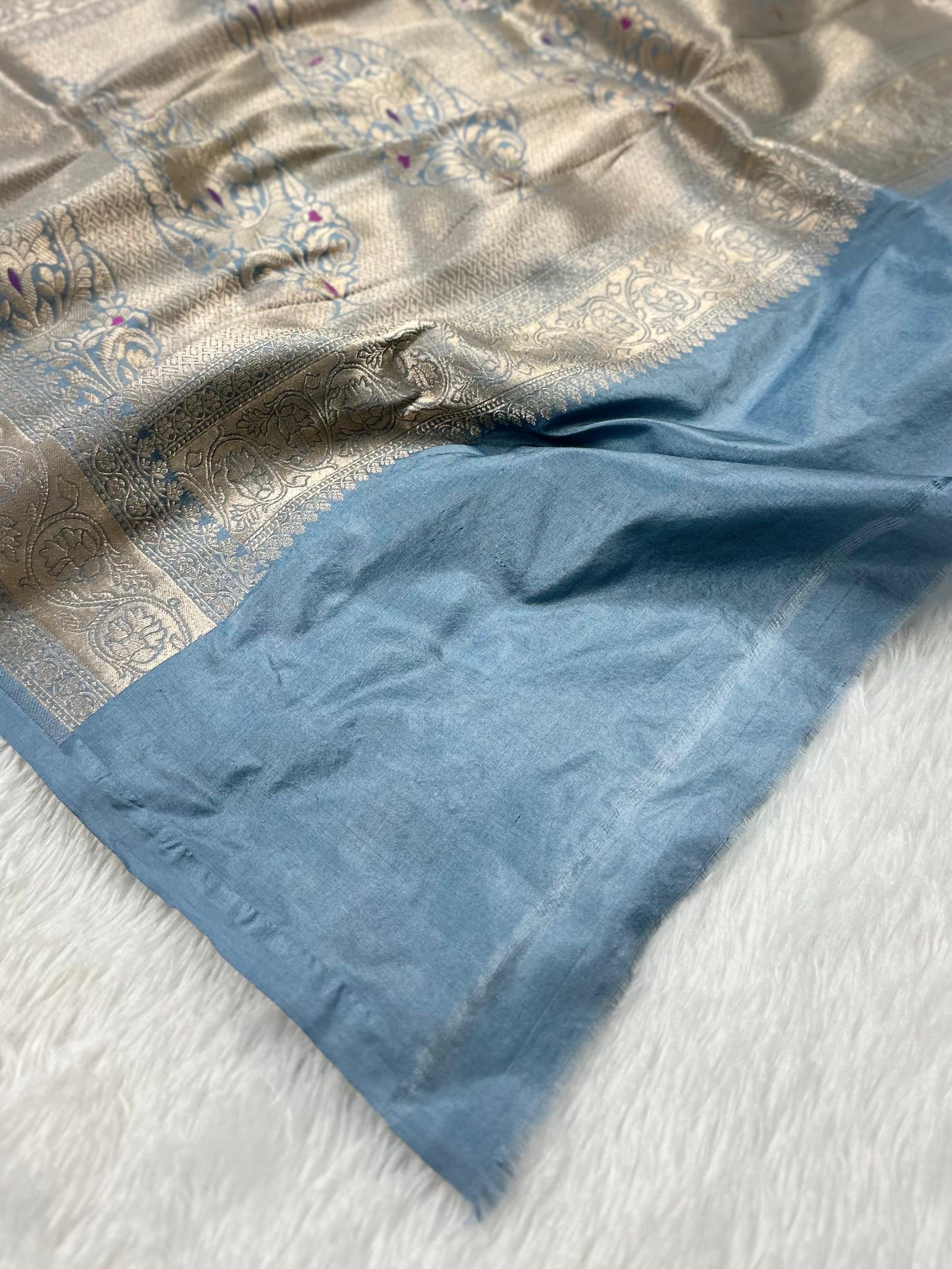 Powder Blue Pure Banarasi Silk Saree – Meenakari Jaal | Authentic Banaras