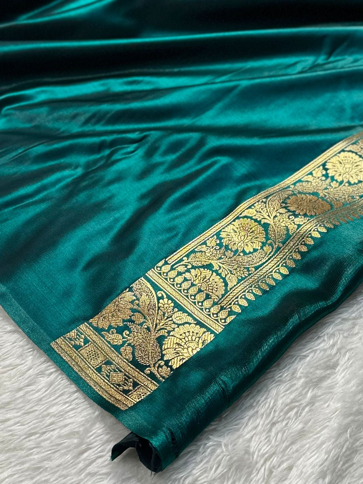 Teal Green Satin Silk Banarasi Jaal Pattern Saree