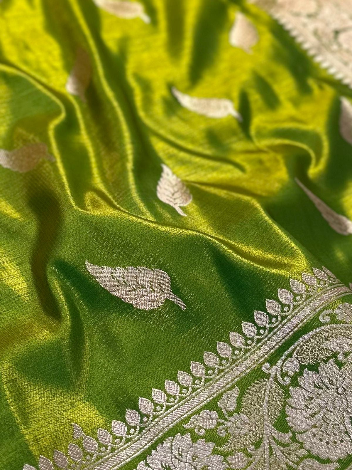 Lime Green Booti Satin Silk Saree