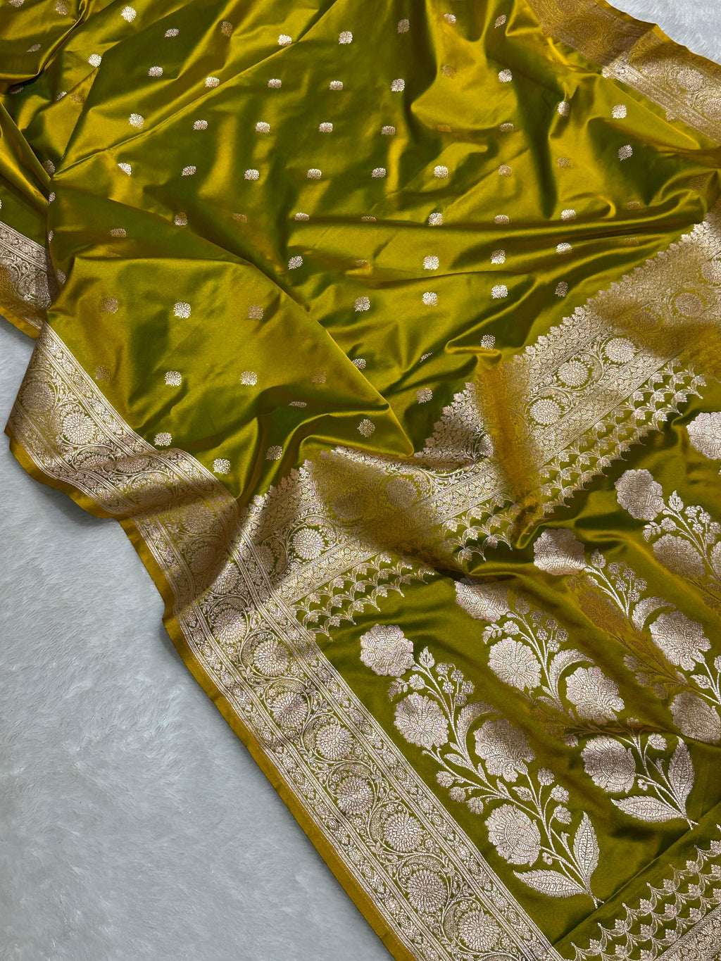 Mustard Green Buti Mashru Silk Banarasi Saree