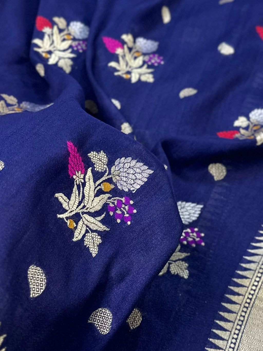Pure Desi Tussar Navy Blue Meenakari Jangla Pattern
