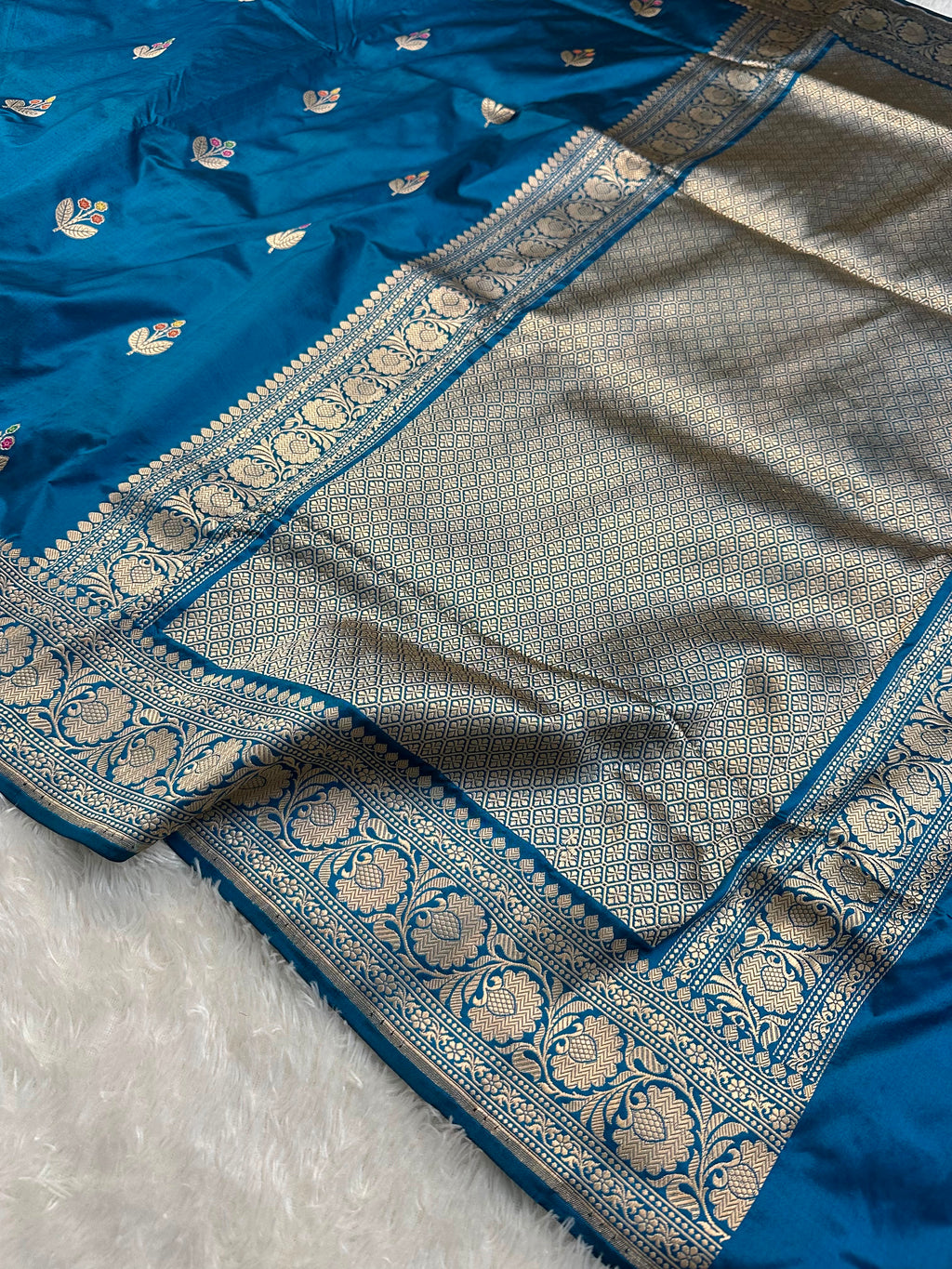 Peacock Blue Pure Katan Kadua Weave Banarasi Saree