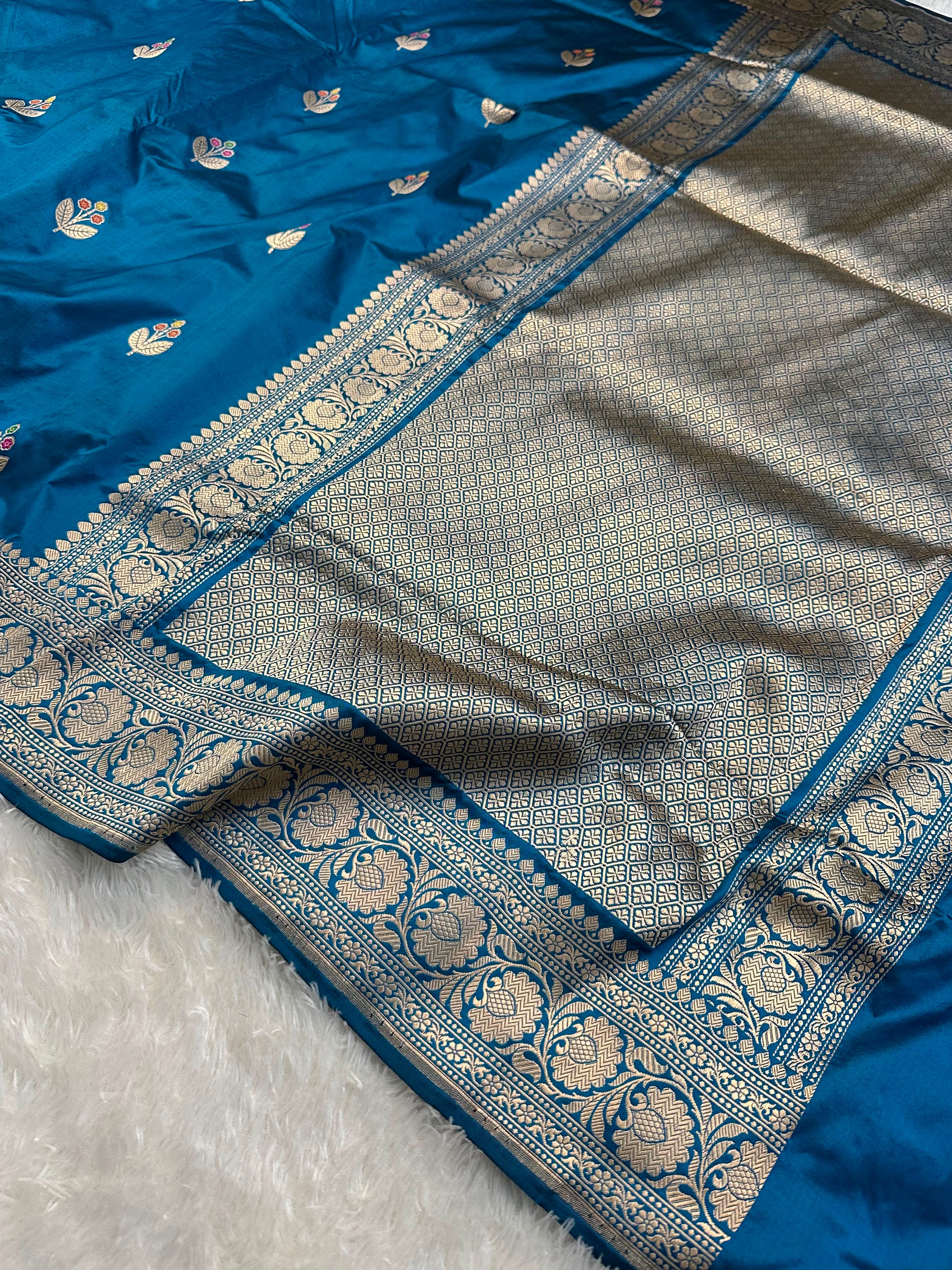 Peacock Blue Pure Katan Kadua Weave Banarasi Saree