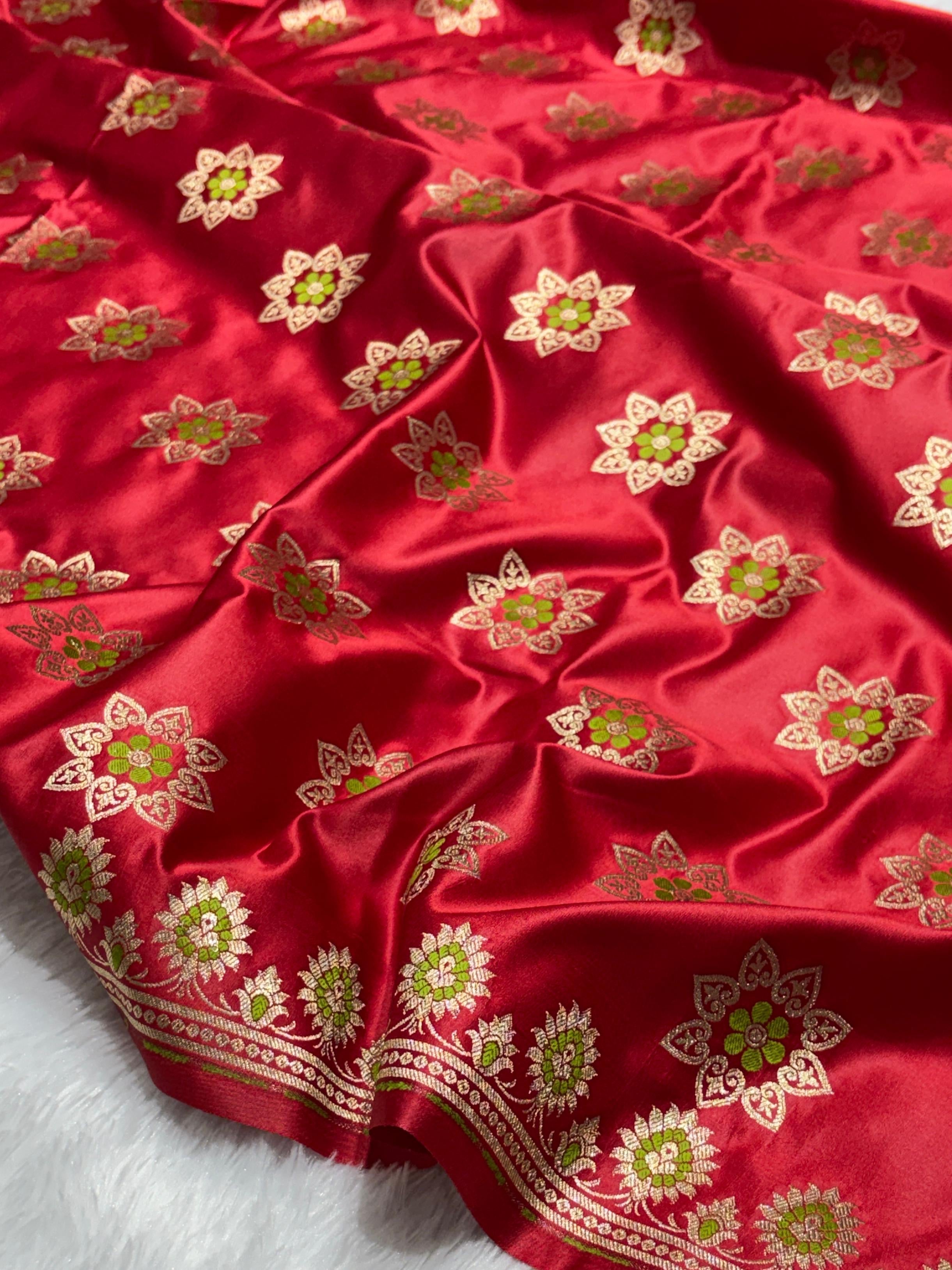 Bridal Red Meena Buta Mashru Silk Banarasi Saree