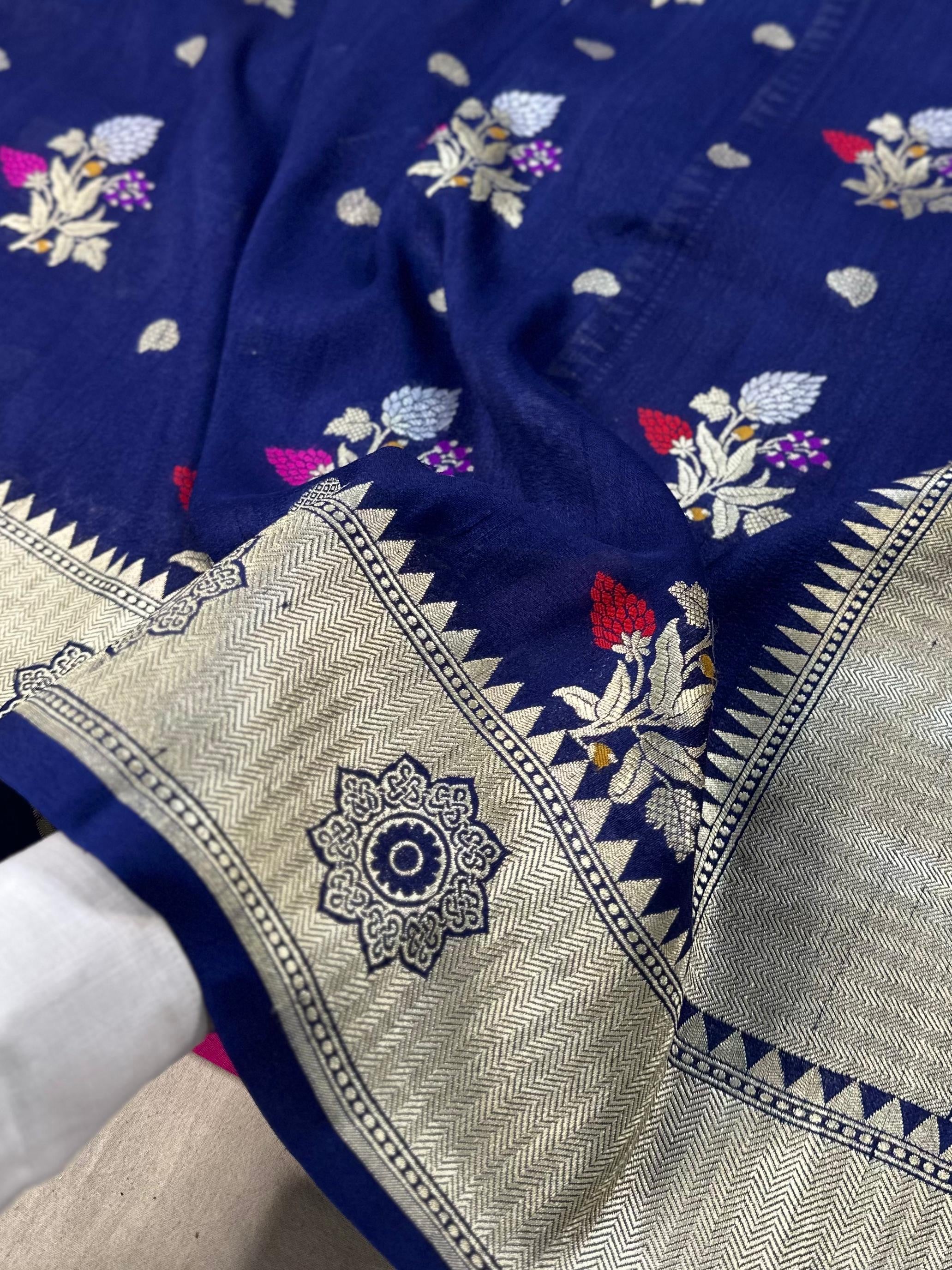 Pure Desi Tussar Navy Blue Meenakari Jangla Pattern