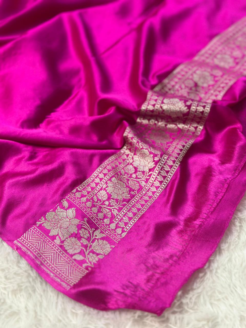 Mashru Silk Banarasi Saree Woven with Golden Zari in Buta Pattern and Grand Pallu