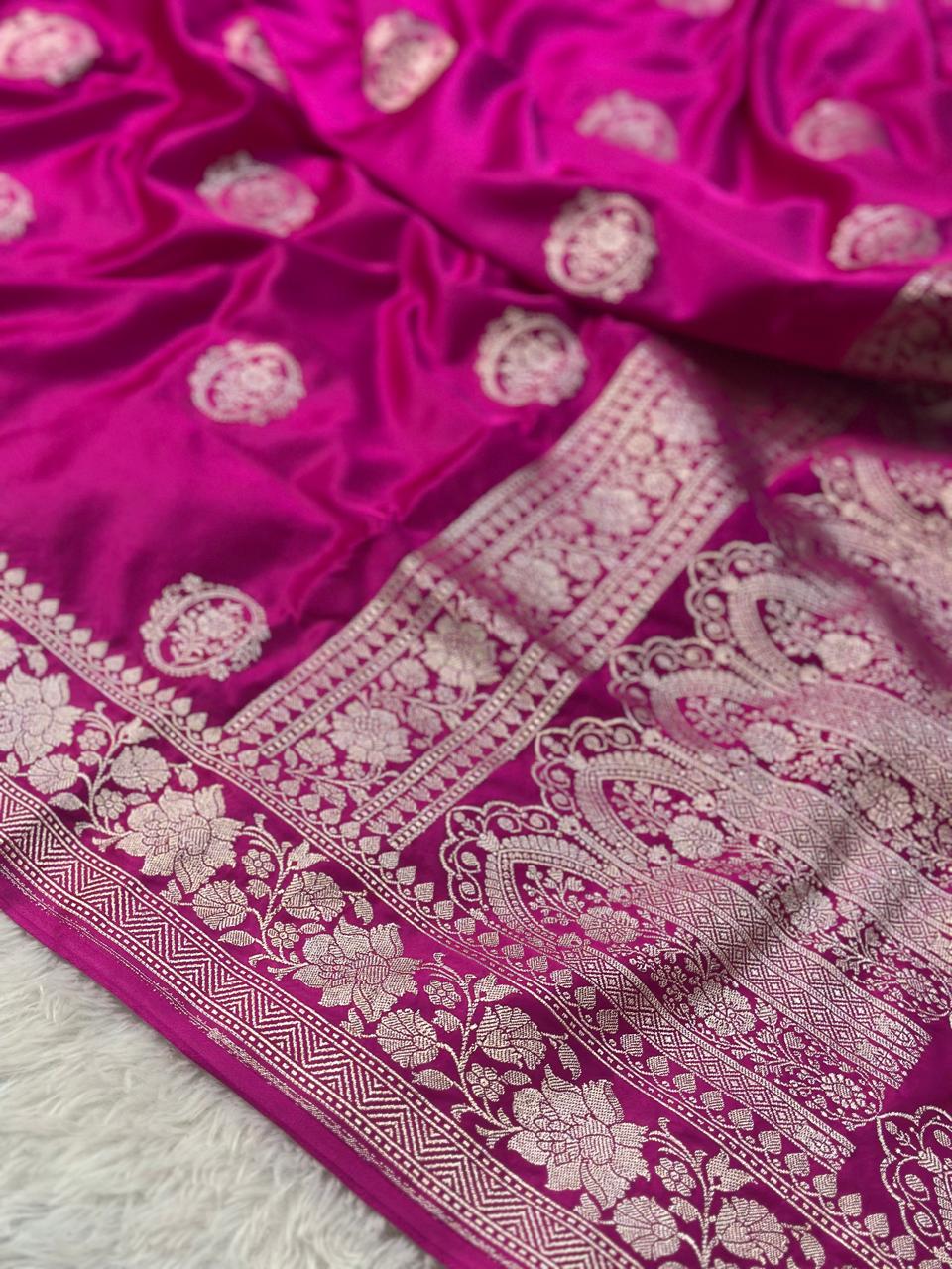 Mashru Silk Banarasi Saree Woven with Golden Zari in Buta Pattern and Grand Pallu