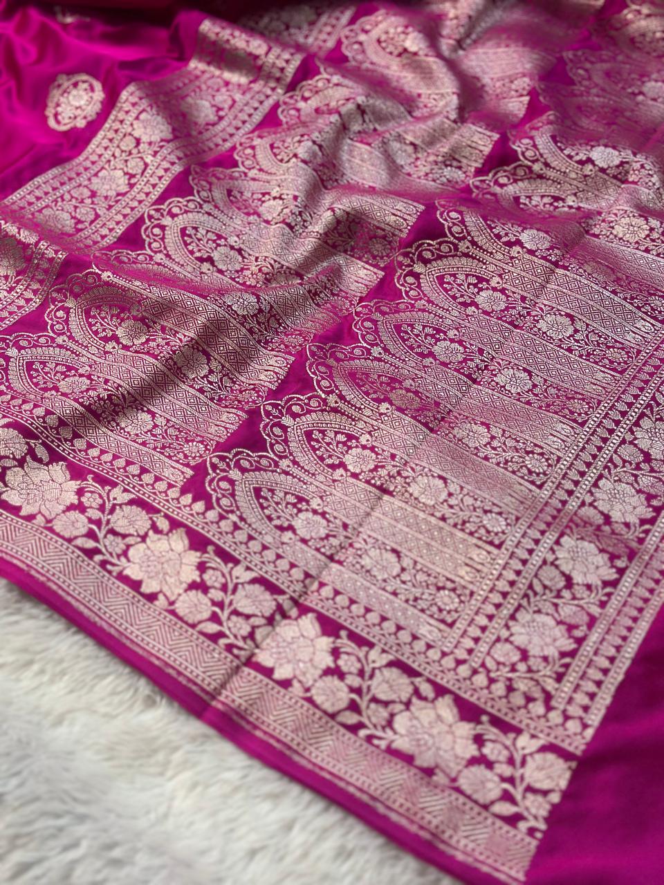 Mashru Silk Banarasi Saree Woven with Golden Zari in Buta Pattern and Grand Pallu