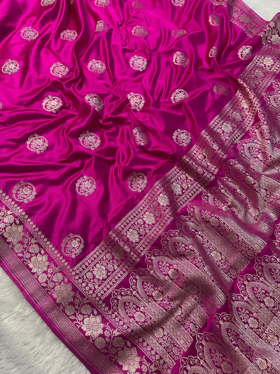 Mashru Silk Banarasi Saree Woven with Golden Zari in Buta Pattern and Grand Pallu