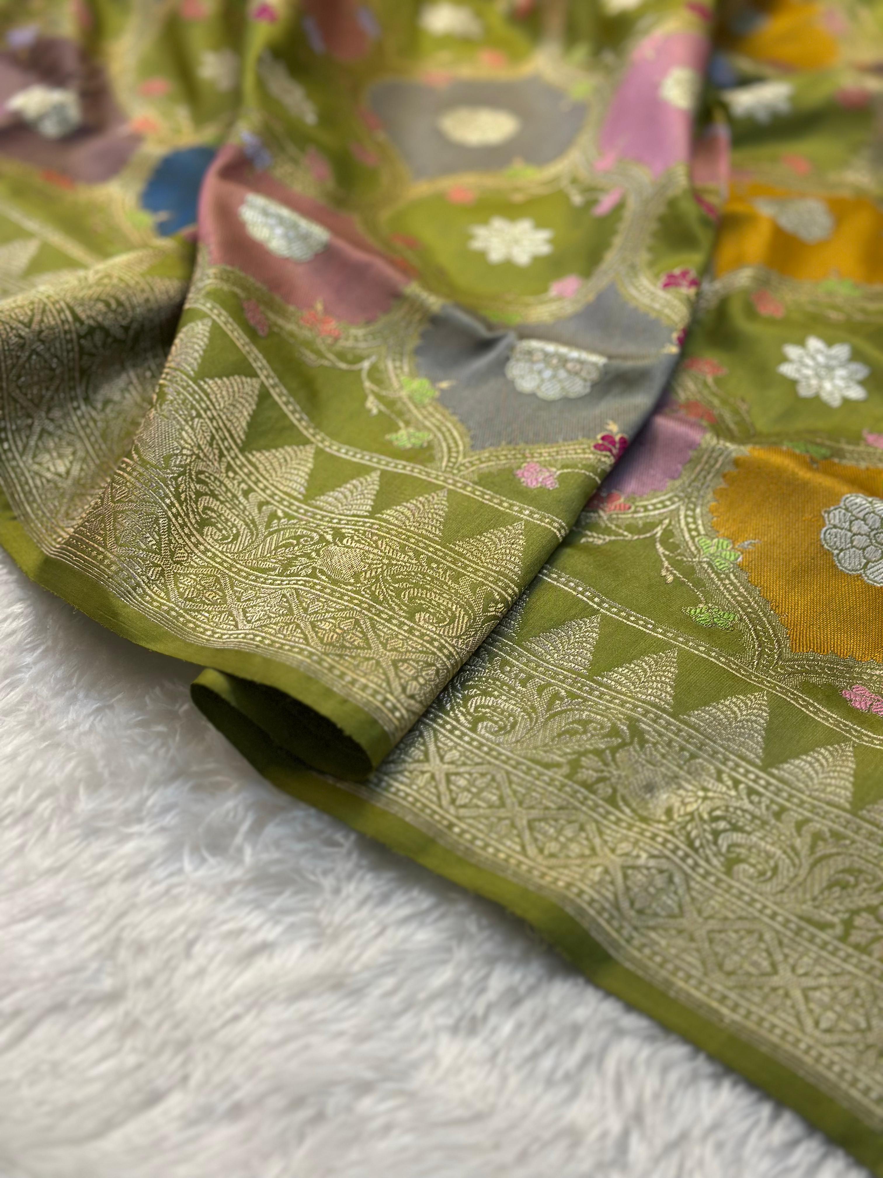 Pure Katan Silk Rangkaat Banarasi Saree Woven with Golden Zari in Multiple Block pattern