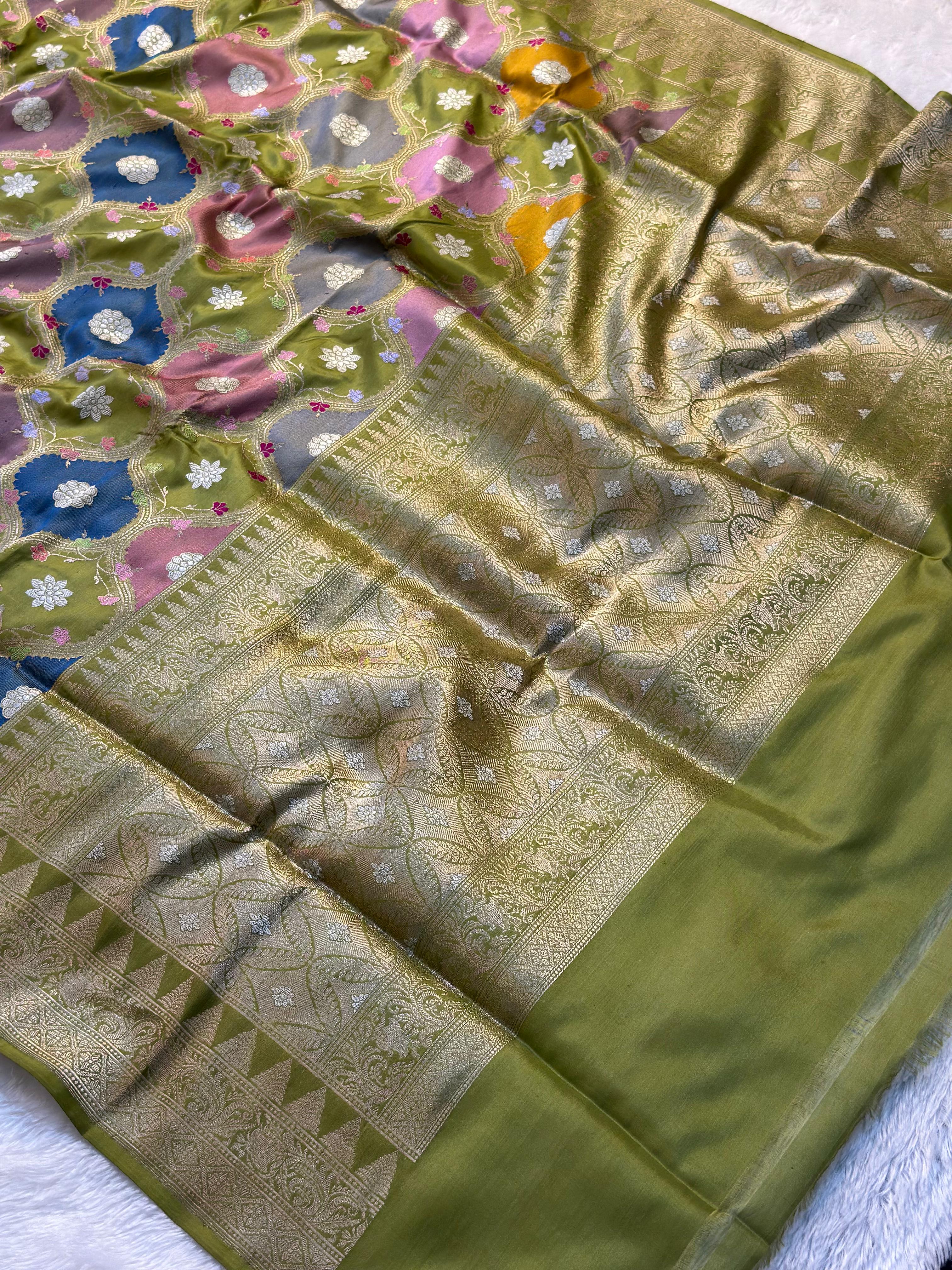 Pure Katan Silk Rangkaat Banarasi Saree Woven with Golden Zari in Multiple Block pattern