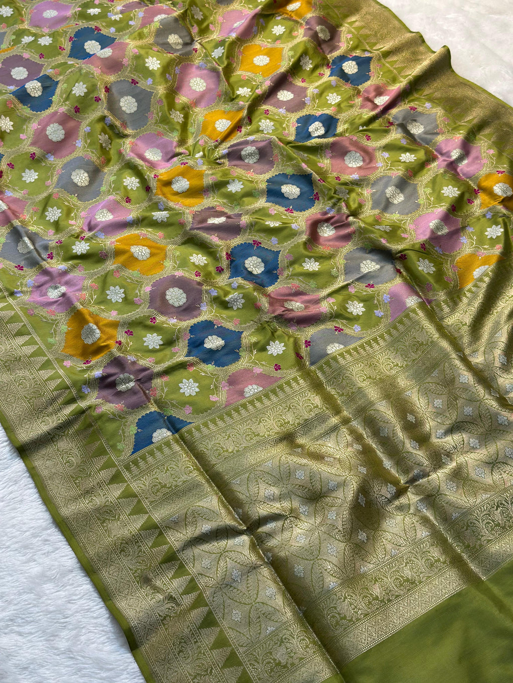 Pure Katan Silk Rangkaat Banarasi Saree Woven with Golden Zari in Multiple Block pattern