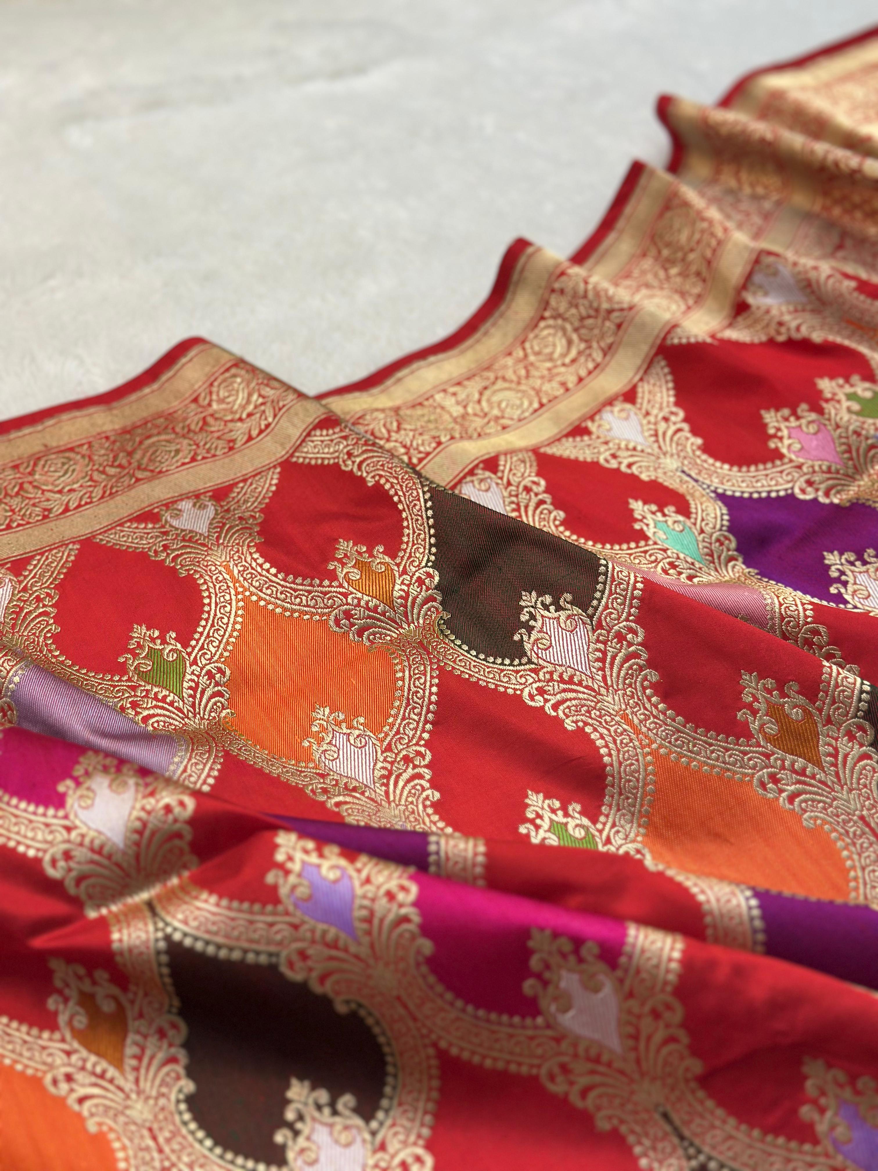 Pure Katan Silk Rangkaat Banarasi Saree Woven with Golden Zari in Multiple Block pattern