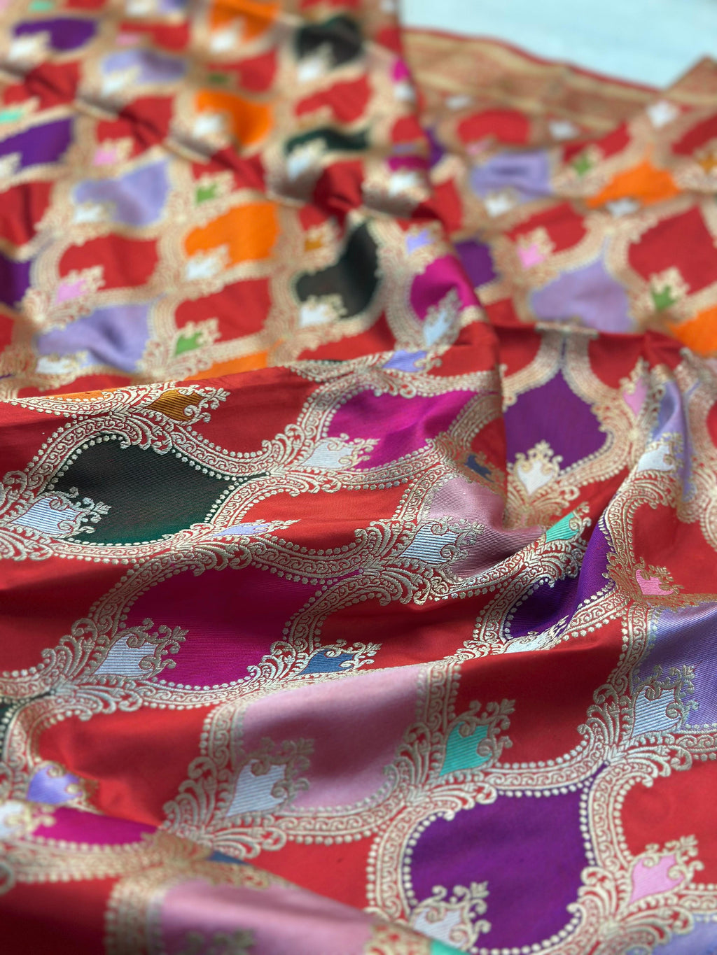 Pure Katan Silk Rangkaat Banarasi Saree Woven with Golden Zari in Multiple Block pattern