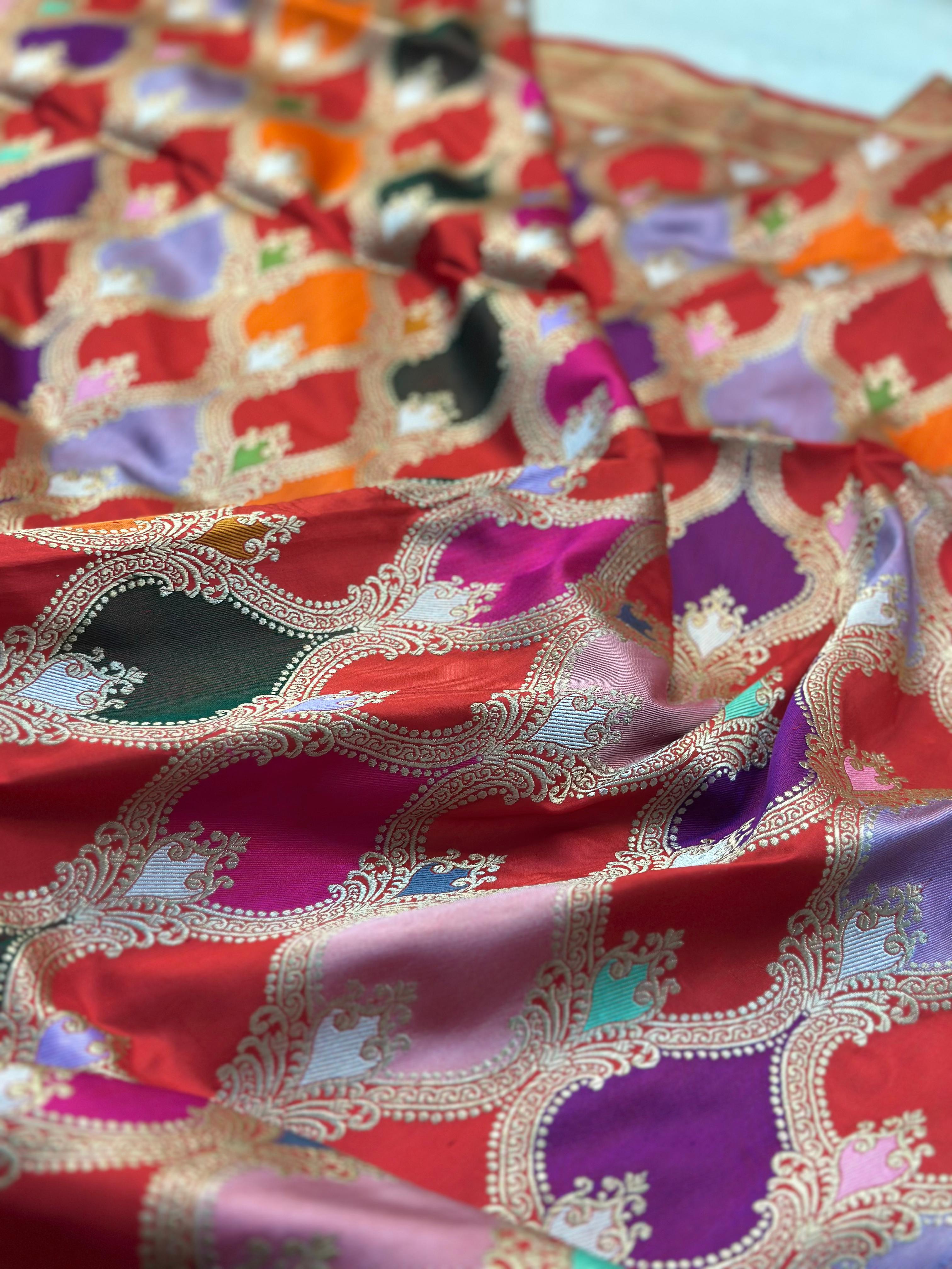 Pure Katan Silk Rangkaat Banarasi Saree Woven with Golden Zari in Multiple Block pattern