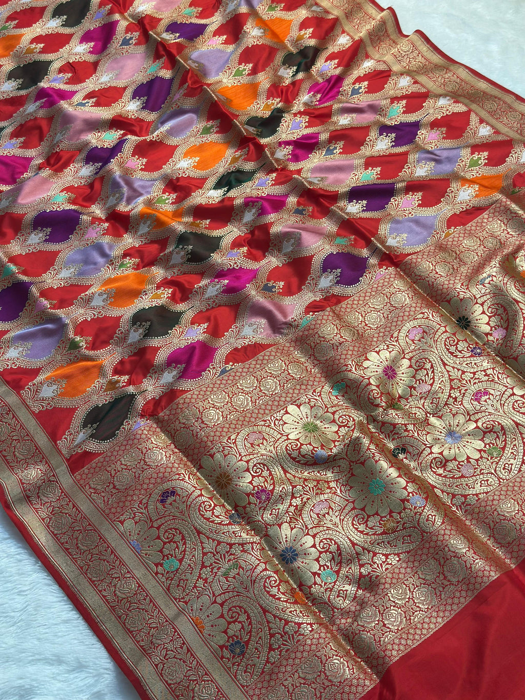Pure Katan Silk Rangkaat Banarasi Saree Woven with Golden Zari in Multiple Block pattern
