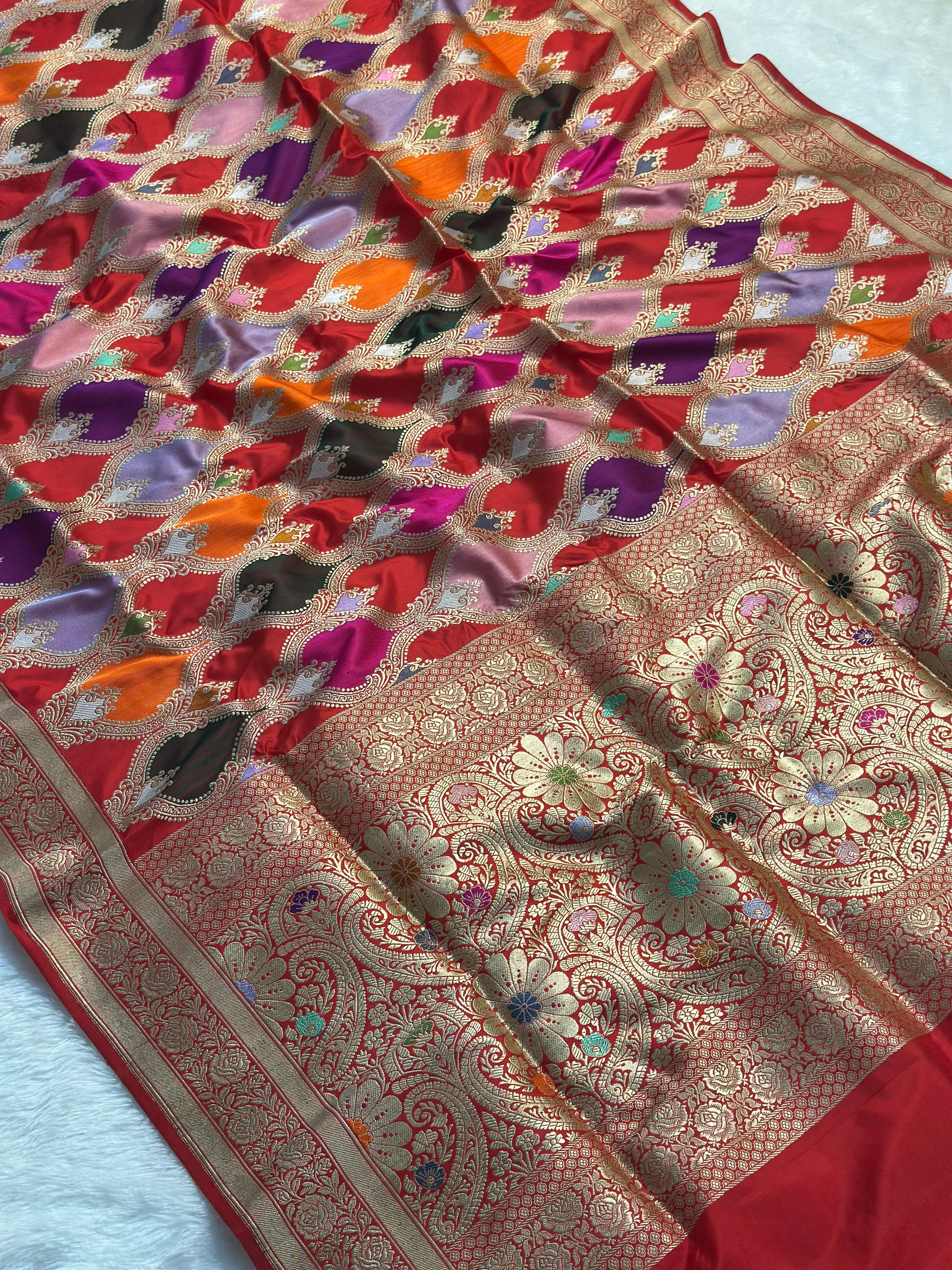 Pure Katan Silk Rangkaat Banarasi Saree Woven with Golden Zari in Multiple Block pattern
