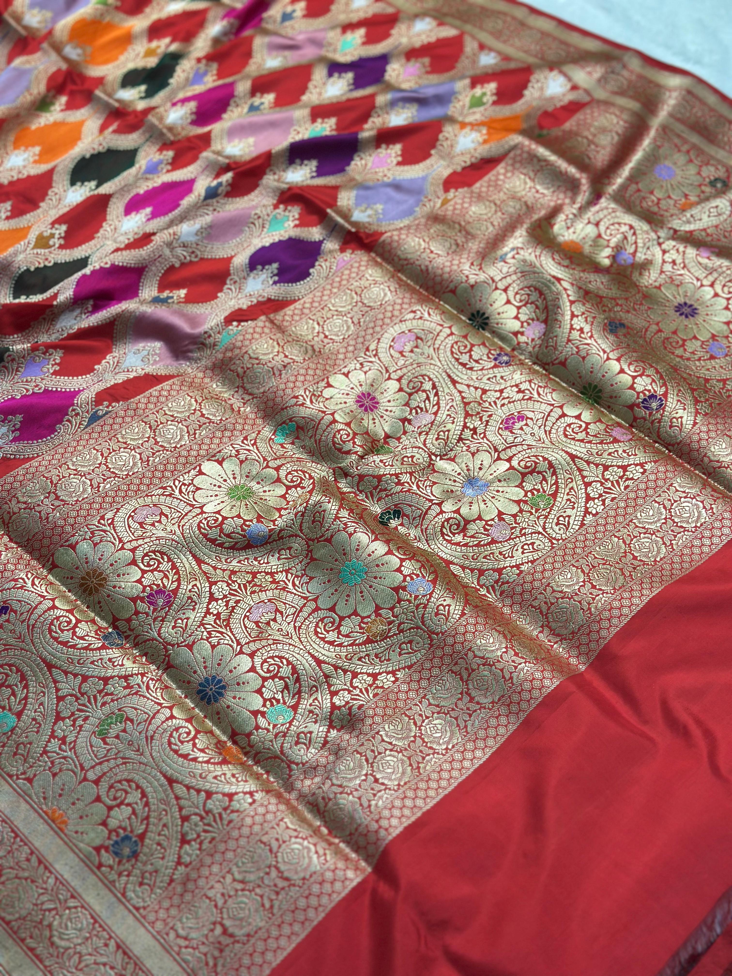 Pure Katan Silk Rangkaat Banarasi Saree Woven with Golden Zari in Multiple Block pattern