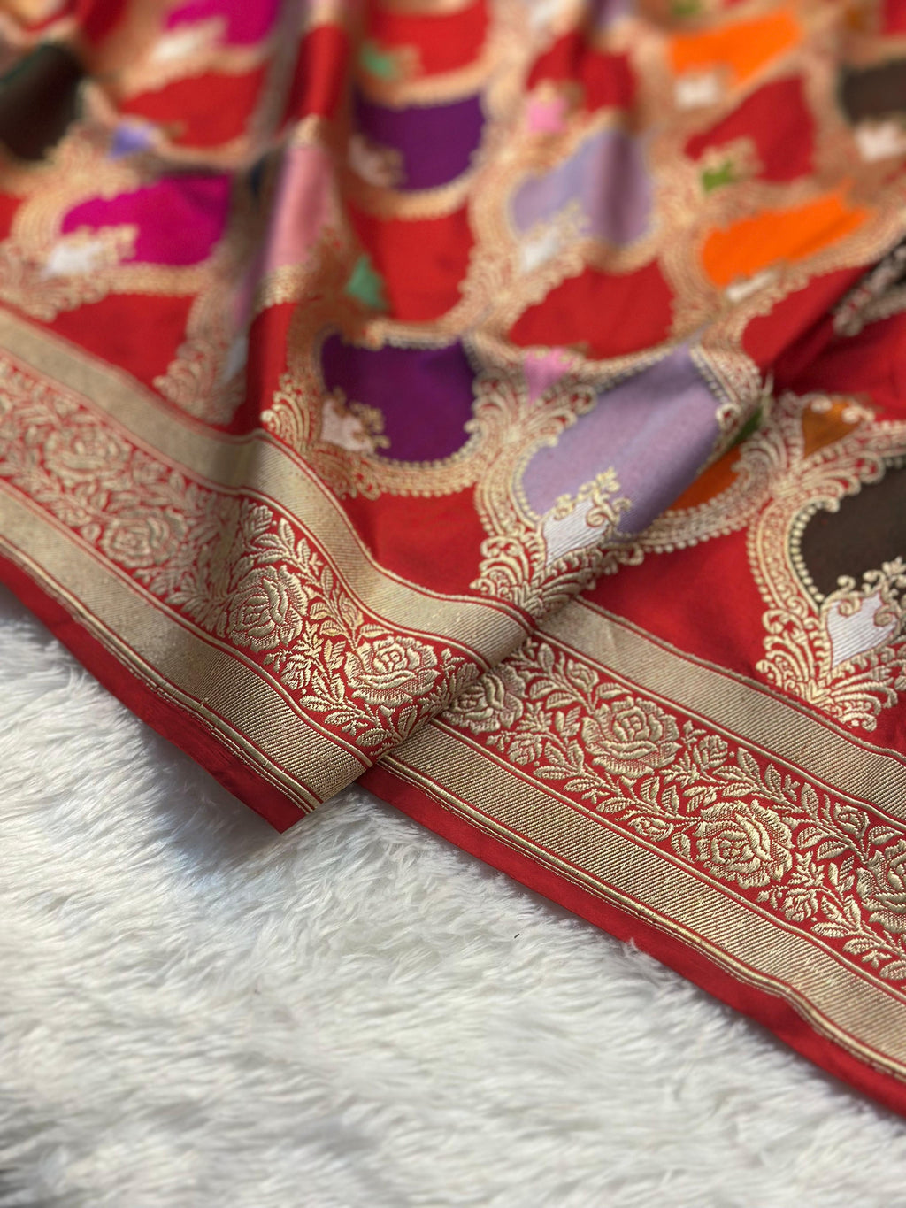 Pure Katan Silk Rangkaat Banarasi Saree Woven with Golden Zari in Multiple Block pattern