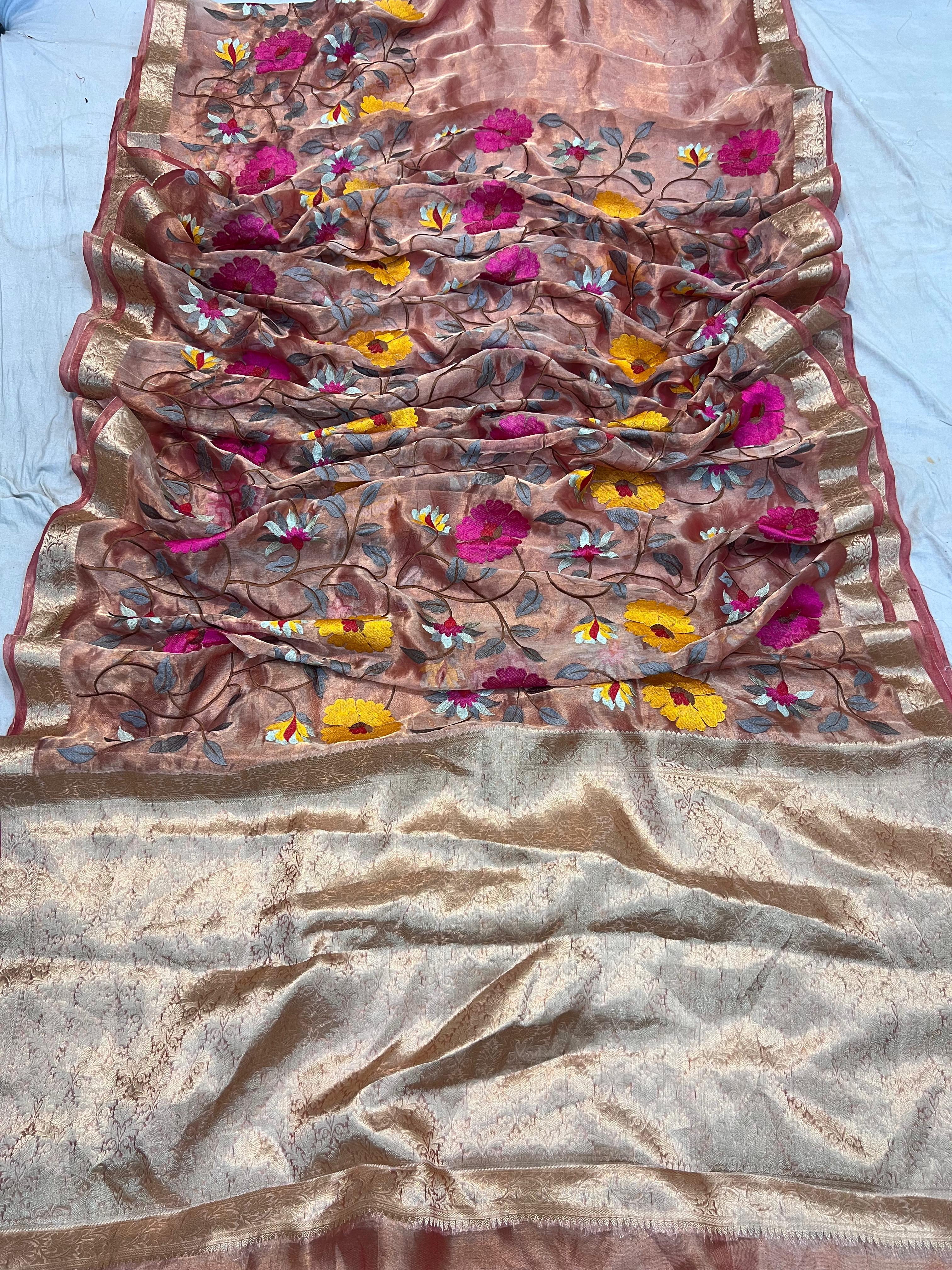 Pure Tissue Silk Multicolour Embroidered Banarasi Saree Woven with Golden Zari