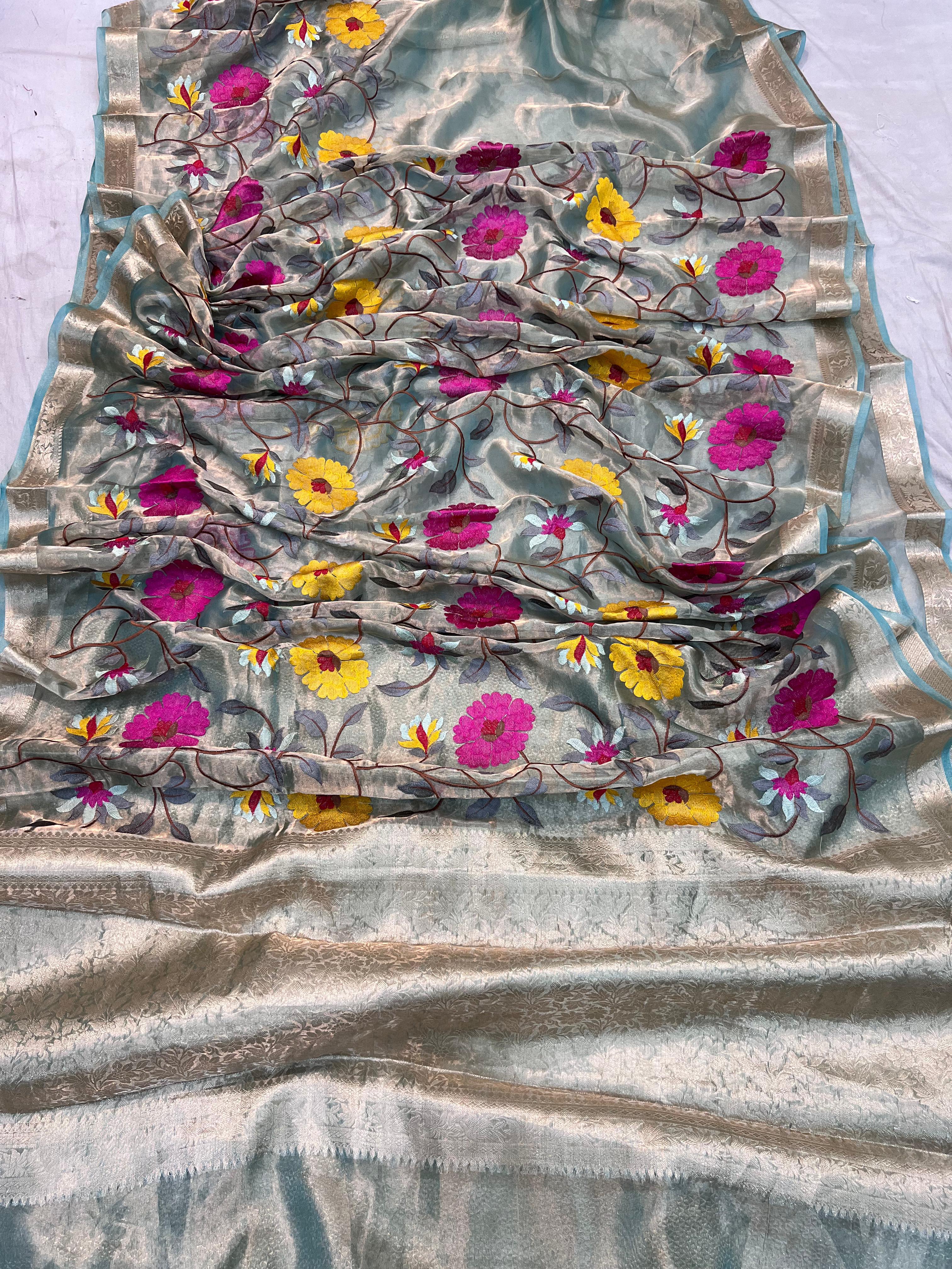 Pure Tissue Silk Multicolour Embroidered Banarasi Saree Woven with Golden Zari