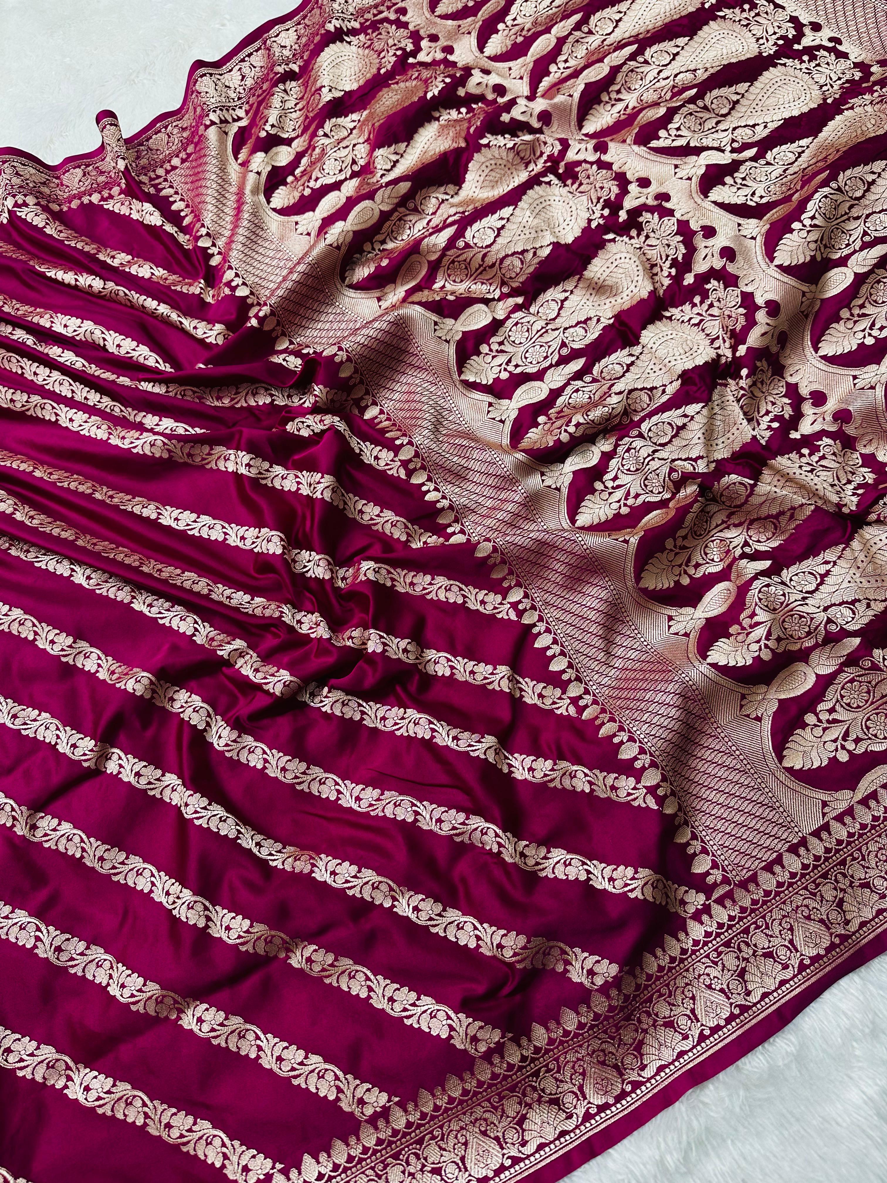 Mashru Silk Banarasi Saree Woven with Golden Zari in Diagonal Jaal Pattern