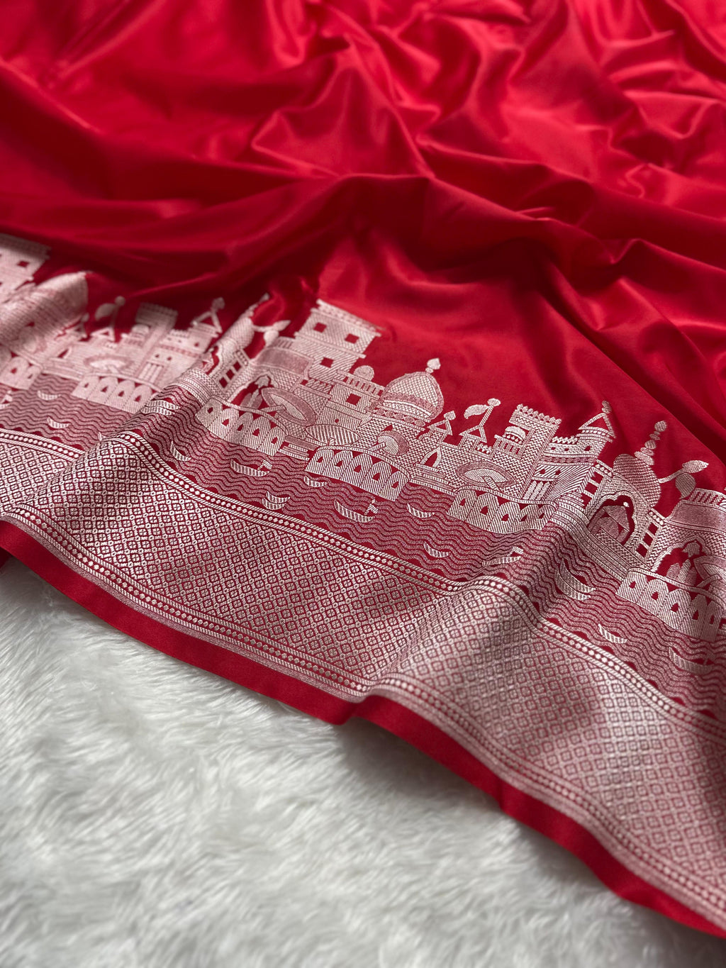 Mashru Silk Banarasi Saree is Woven with Golden Zari with Ghat Border