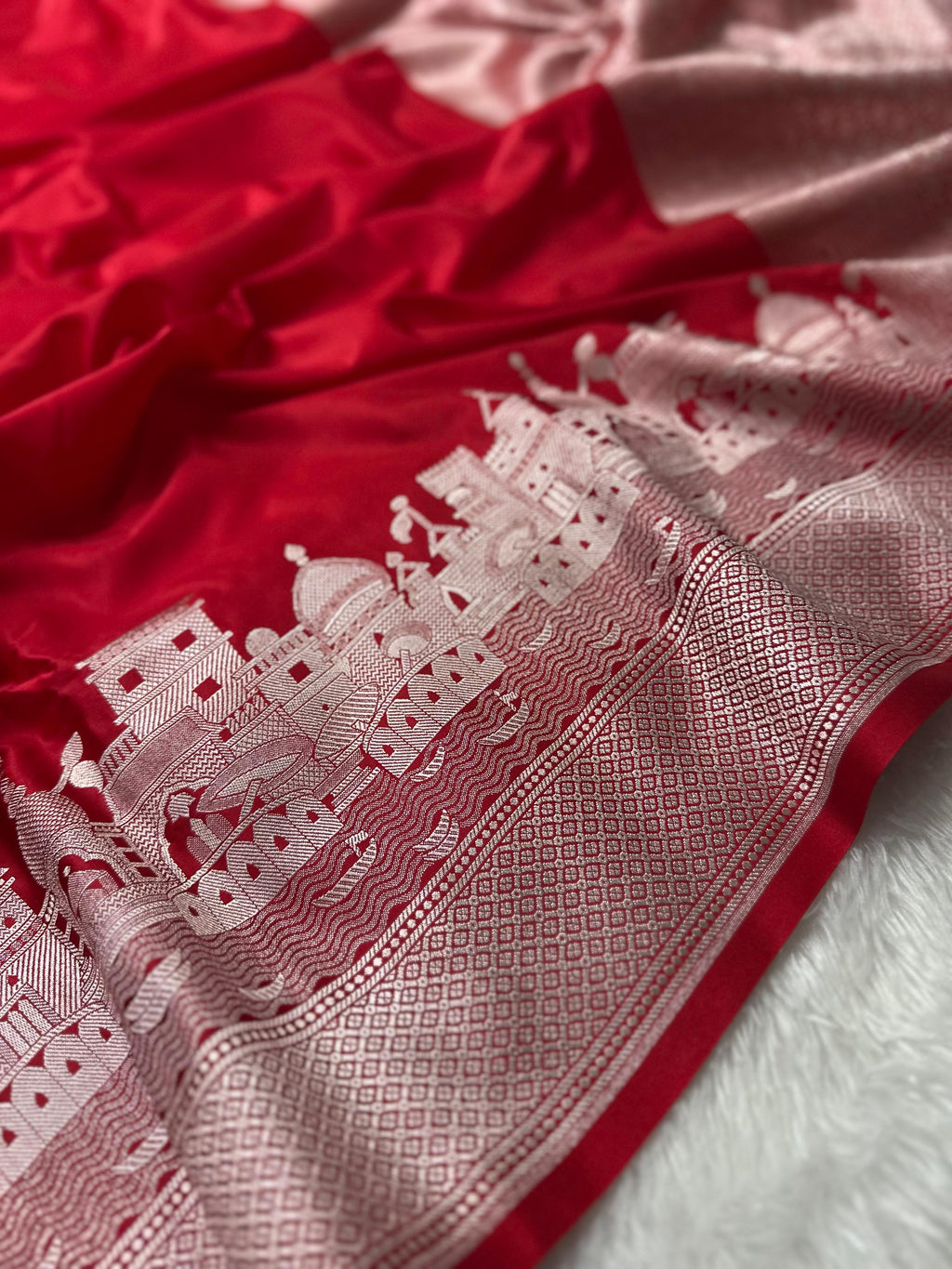 Mashru Silk Banarasi Saree is Woven with Golden Zari with Ghat Border