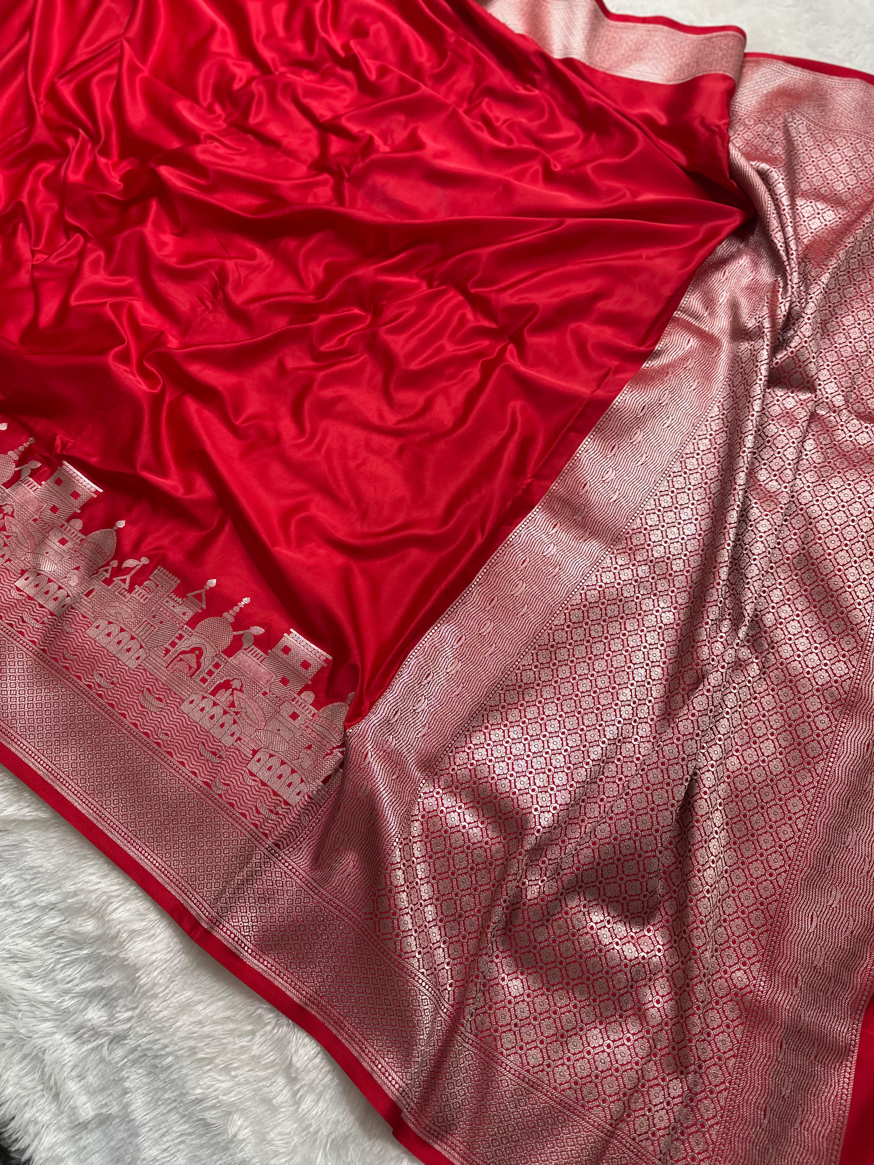Mashru Silk Banarasi Saree is Woven with Golden Zari with Ghat Border
