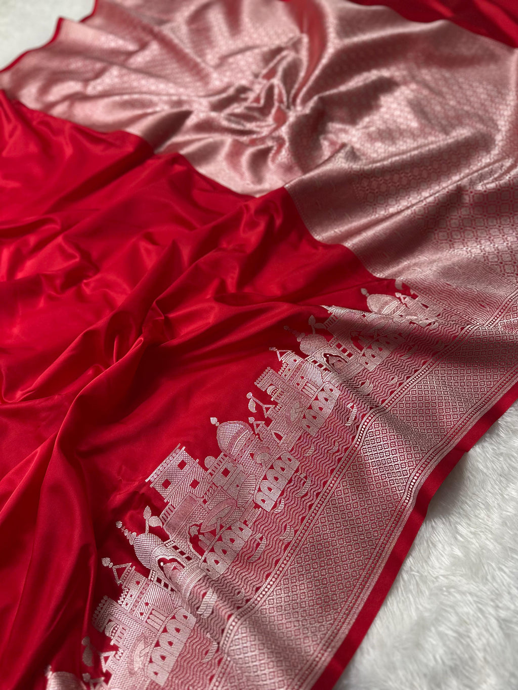 Mashru Silk Banarasi Saree is Woven with Golden Zari with Ghat Border