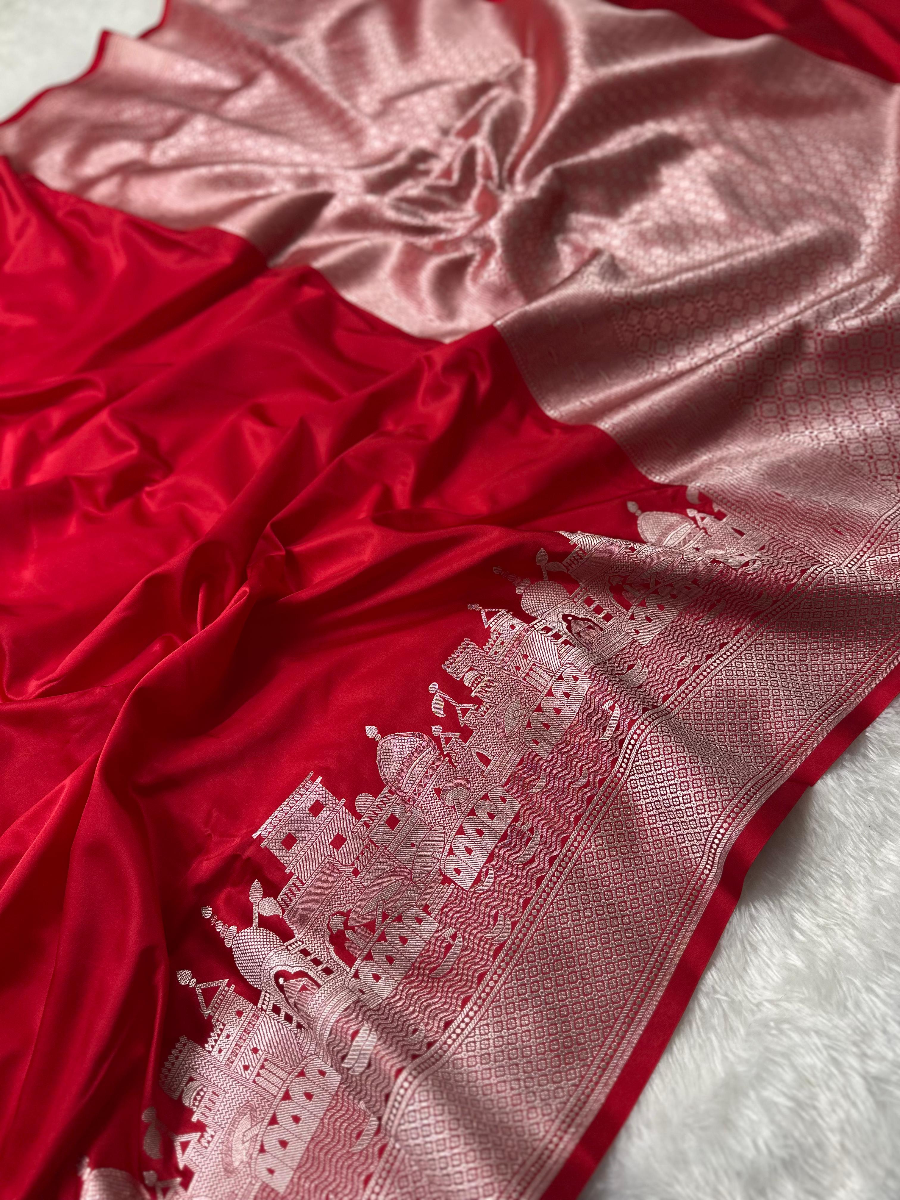 Mashru Silk Banarasi Saree is Woven with Golden Zari with Ghat Border