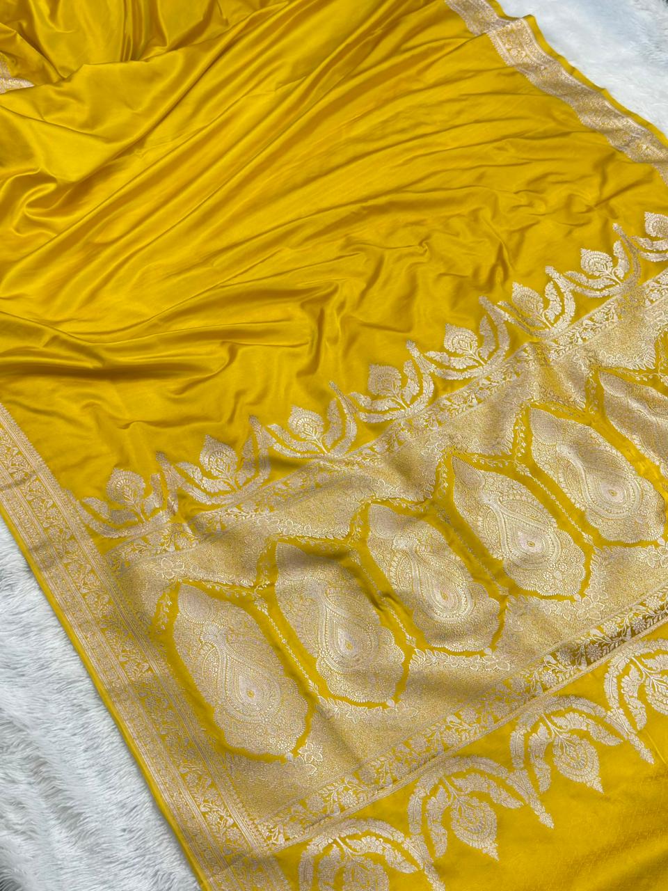 Mashru Silk Banarasi Saree Woven with Golden Zari in Plain with Grand Pallu