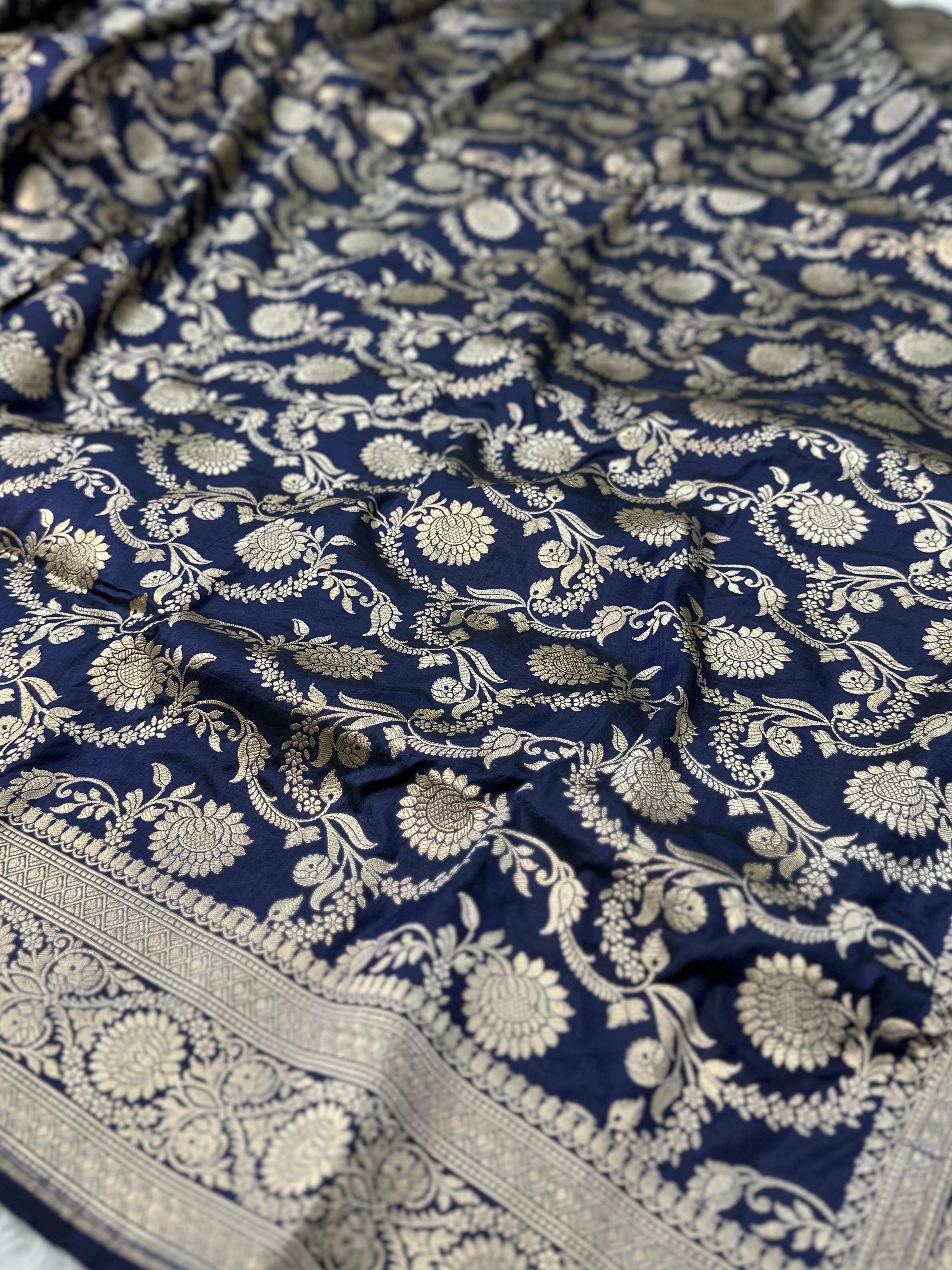 Pure Katan Silk Banarasi Saree Woven with Golden Zari in Jaal Pattern