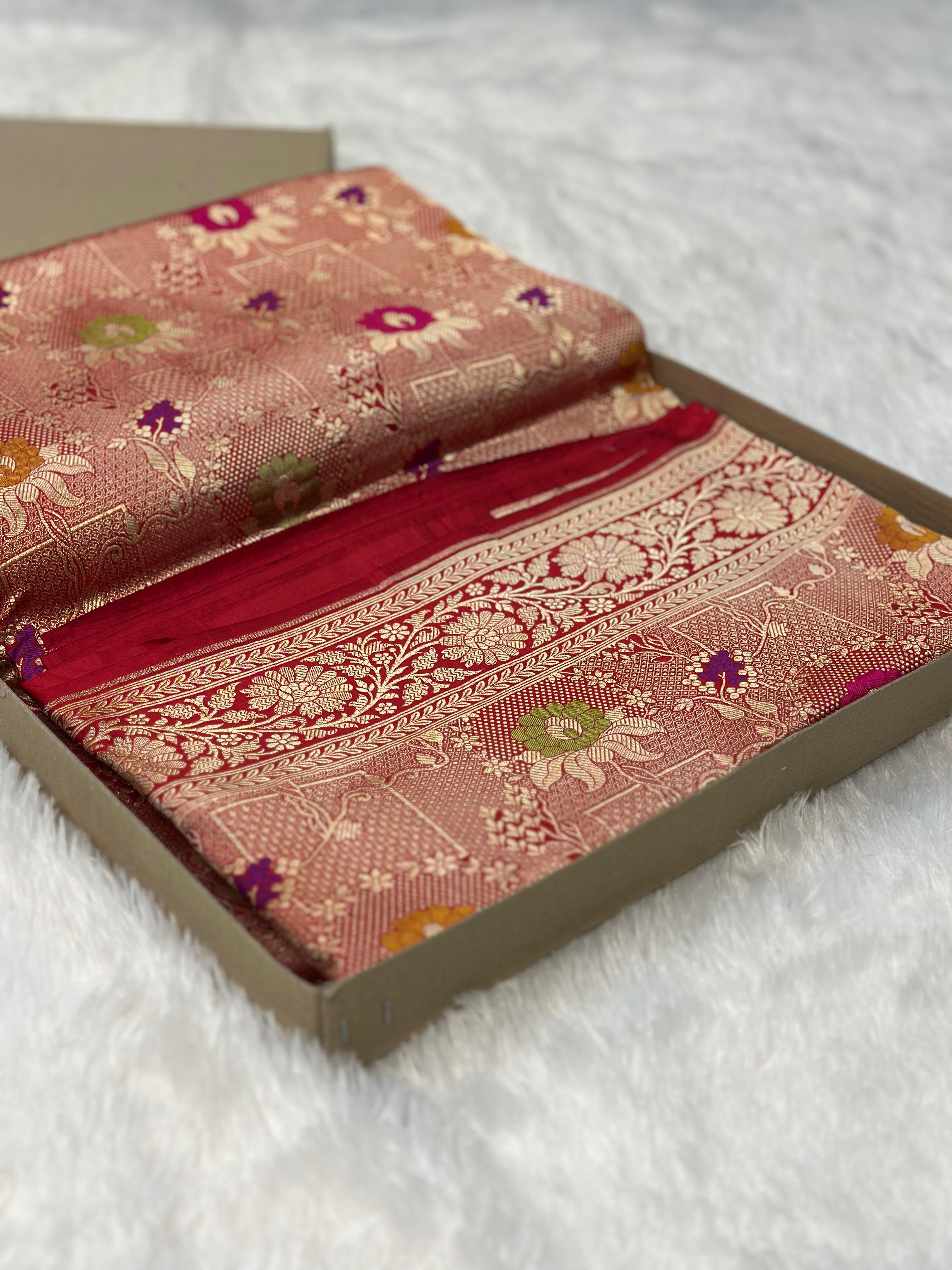 Pure Katan Silk Brocade Banarasi Saree woven with Golden Zari and multicolour minakari work