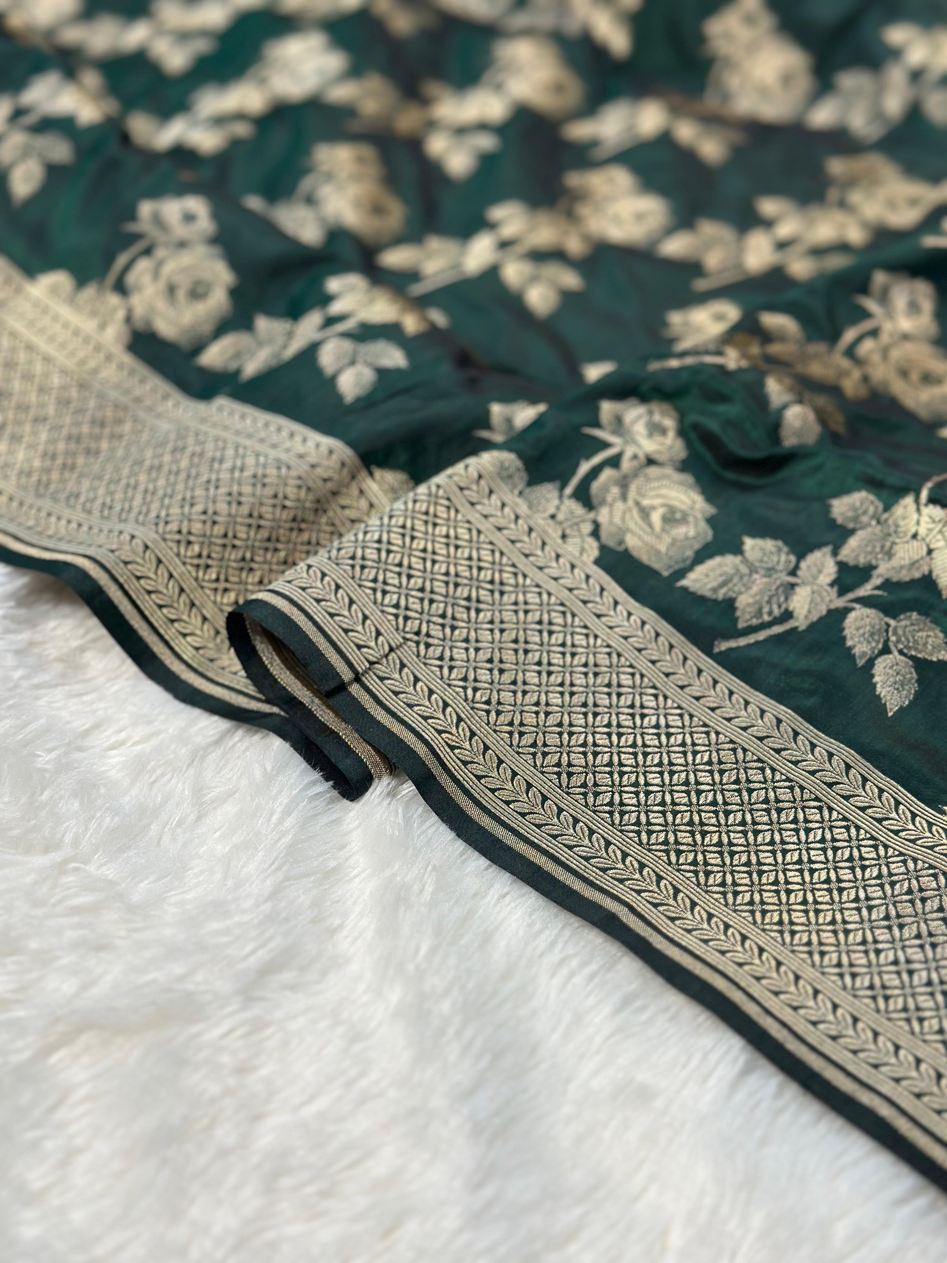 Pure Katan Silk Banarasi Saree Woven with Golden Zari in Rose buta pattern