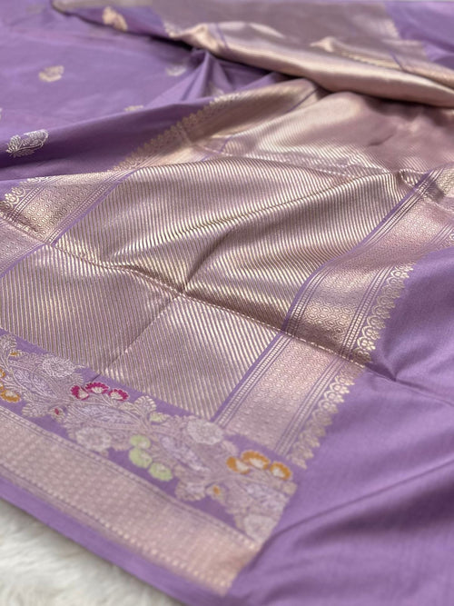 Dusty Lavender Pure Katan Kadua Silk Banarasi Saree in Sona Rupa Buta Pattern
