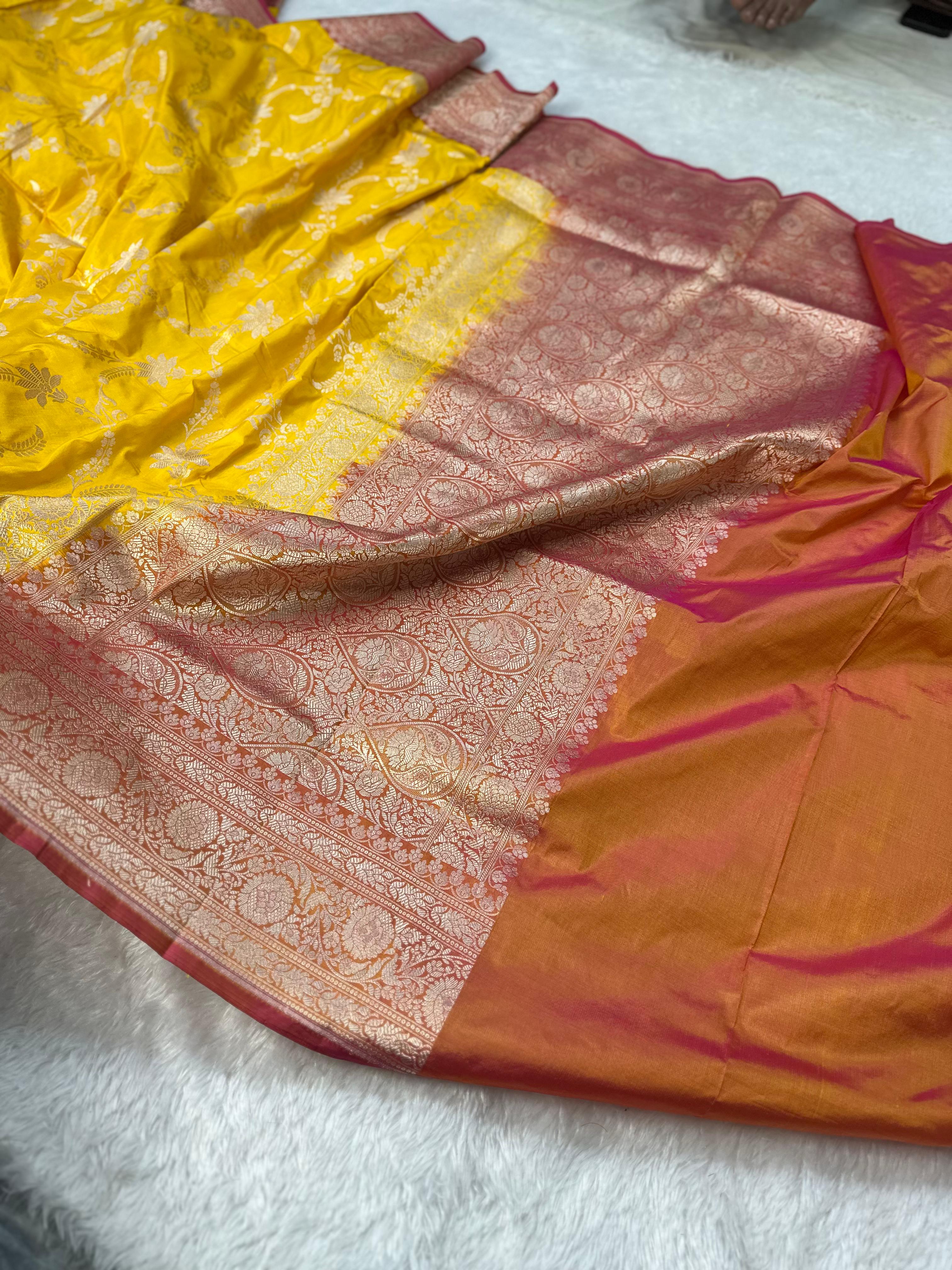 Pure Katan Silk Banarasi Saree Woven with Golden Zari in buta pattern with contrast border