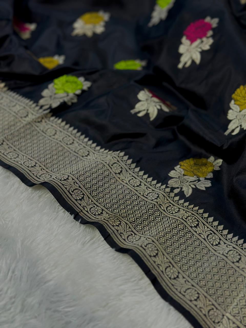 Pure Katan Silk Banarasi Meenedar Saree Woven with Golden Zari buta pattern